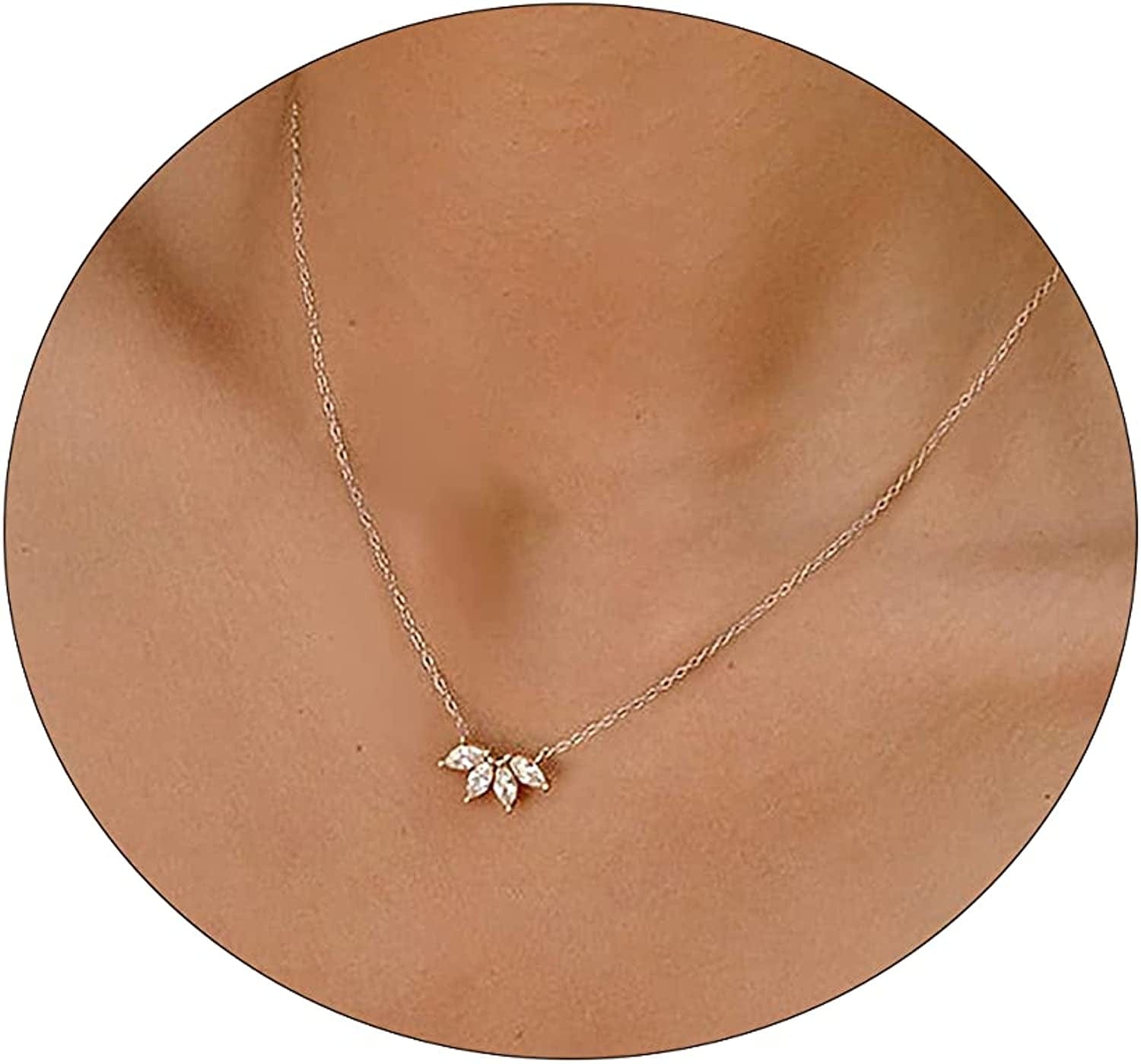 LEXODY Diamond Necklaces for Women Dainty Leaf Necklace 14K Gold Plated Layered CZ Moon Necklace Simple Diamond Choker Necklaces for Women Trendy Jewelry Gifts for Girls Simple Flower Silver
