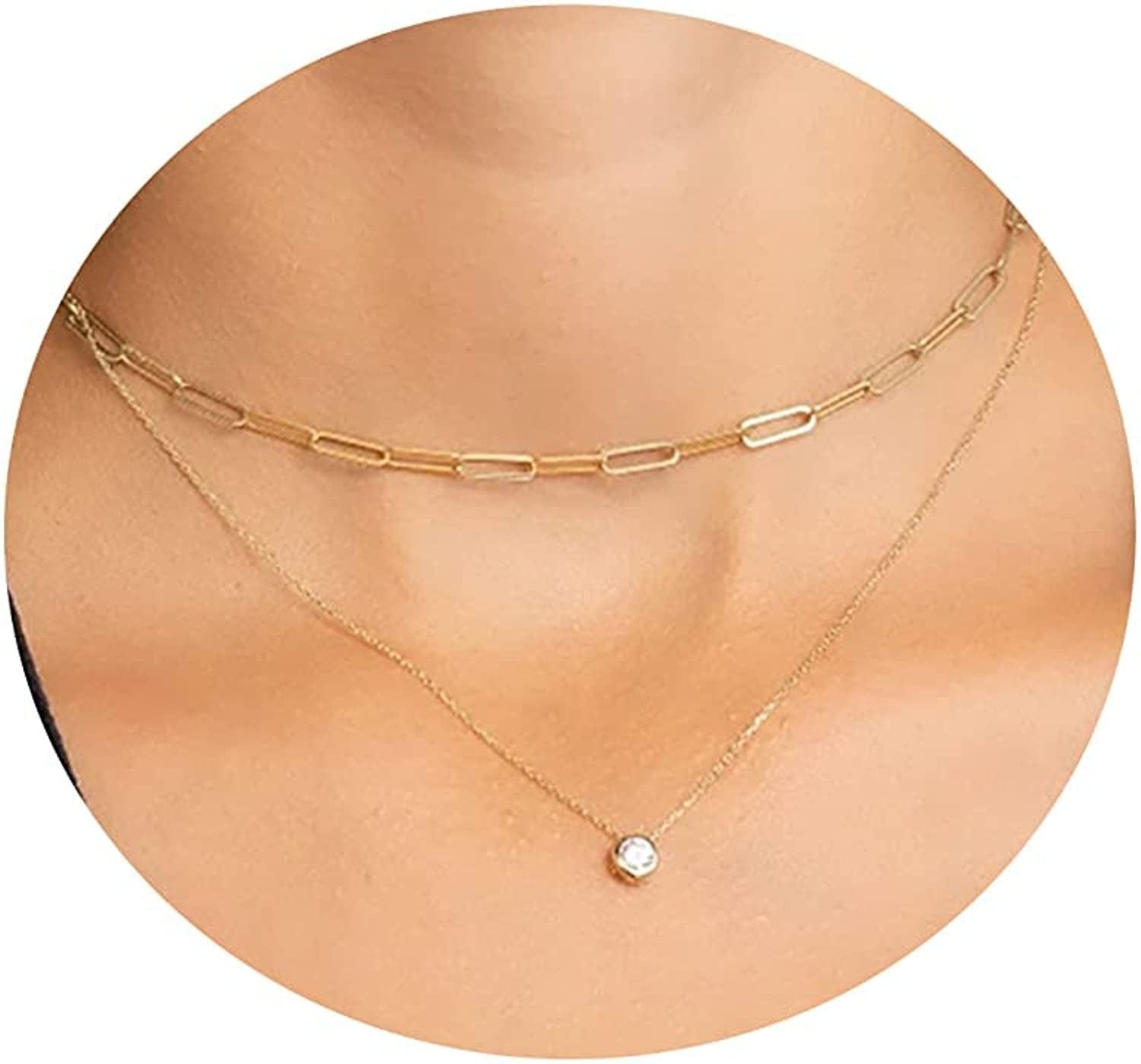 LEXODY Diamond Necklaces for Women Dainty Leaf Necklace 14K Gold Plated Layered CZ Moon Necklace Simple Diamond Choker Necklaces for Women Trendy Jewelry Gifts for Girls Layered paperclip Round Gold