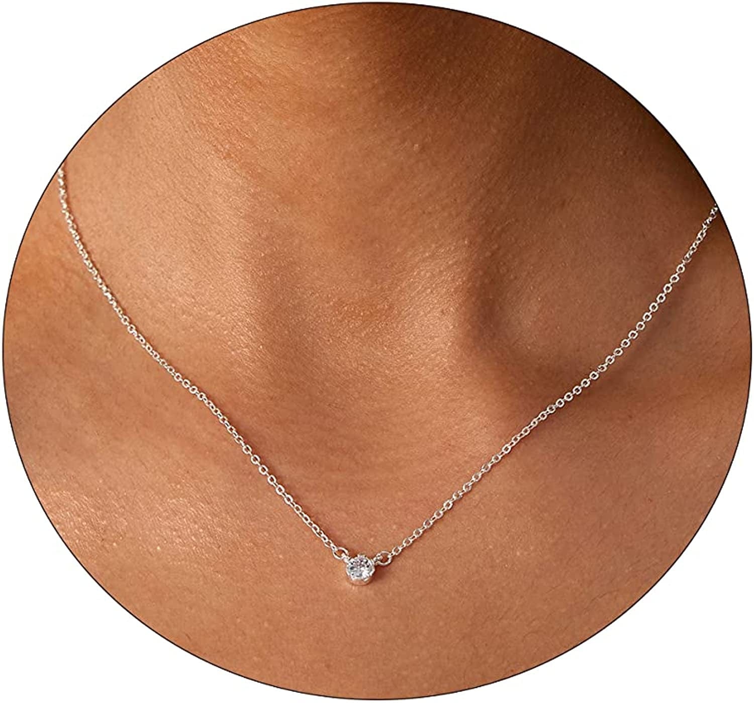 LEXODY Diamond Necklaces for Women Dainty Leaf Necklace 14K Gold Plated Layered CZ Moon Necklace Simple Diamond Choker Necklaces for Women Trendy Jewelry Gifts for Girls Little Flower Silver