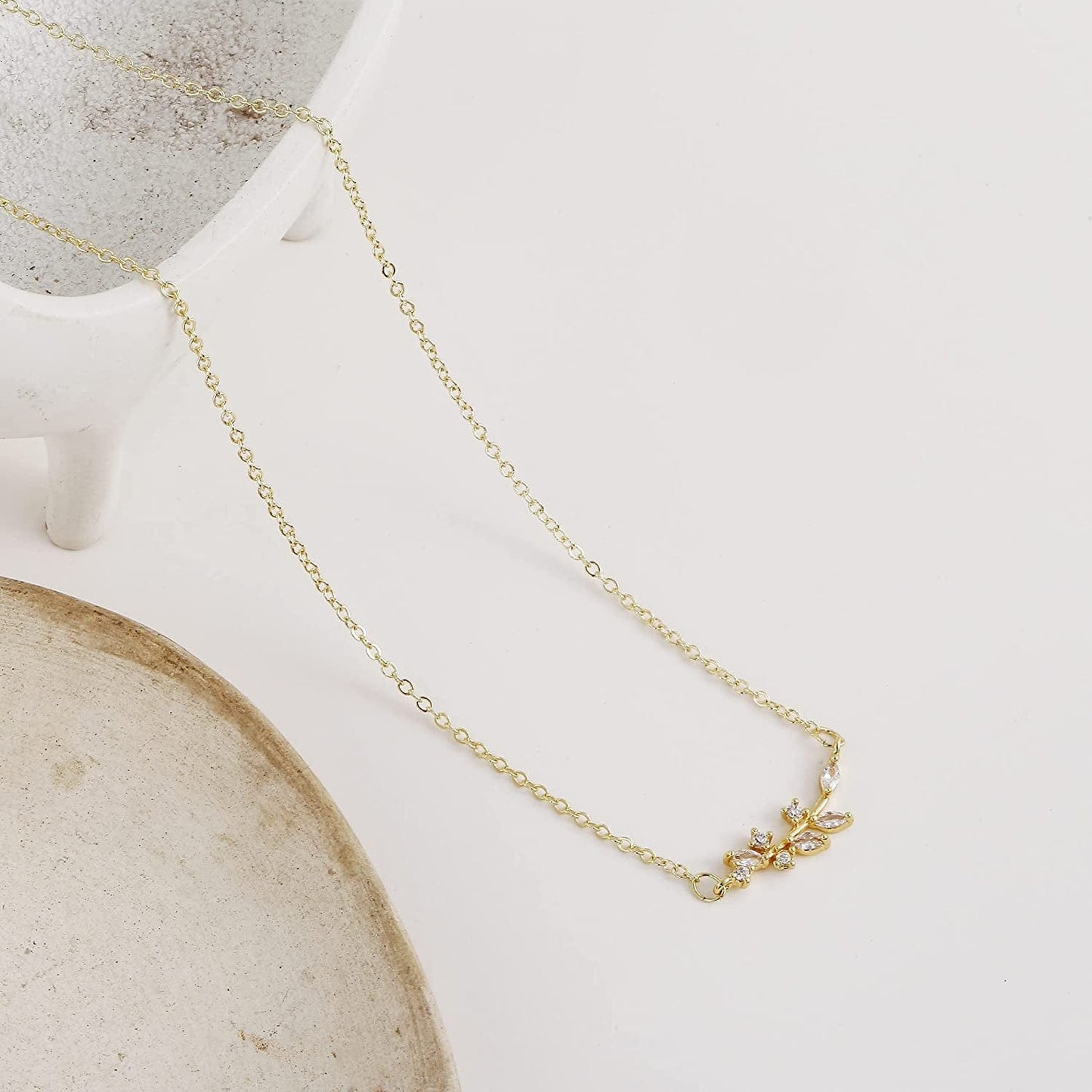LEXODY Diamond Necklaces for Women Dainty Leaf Necklace 14K Gold Plated Layered CZ Moon Necklace Simple Diamond Choker Necklaces for Women Trendy Jewelry Gifts for Girls