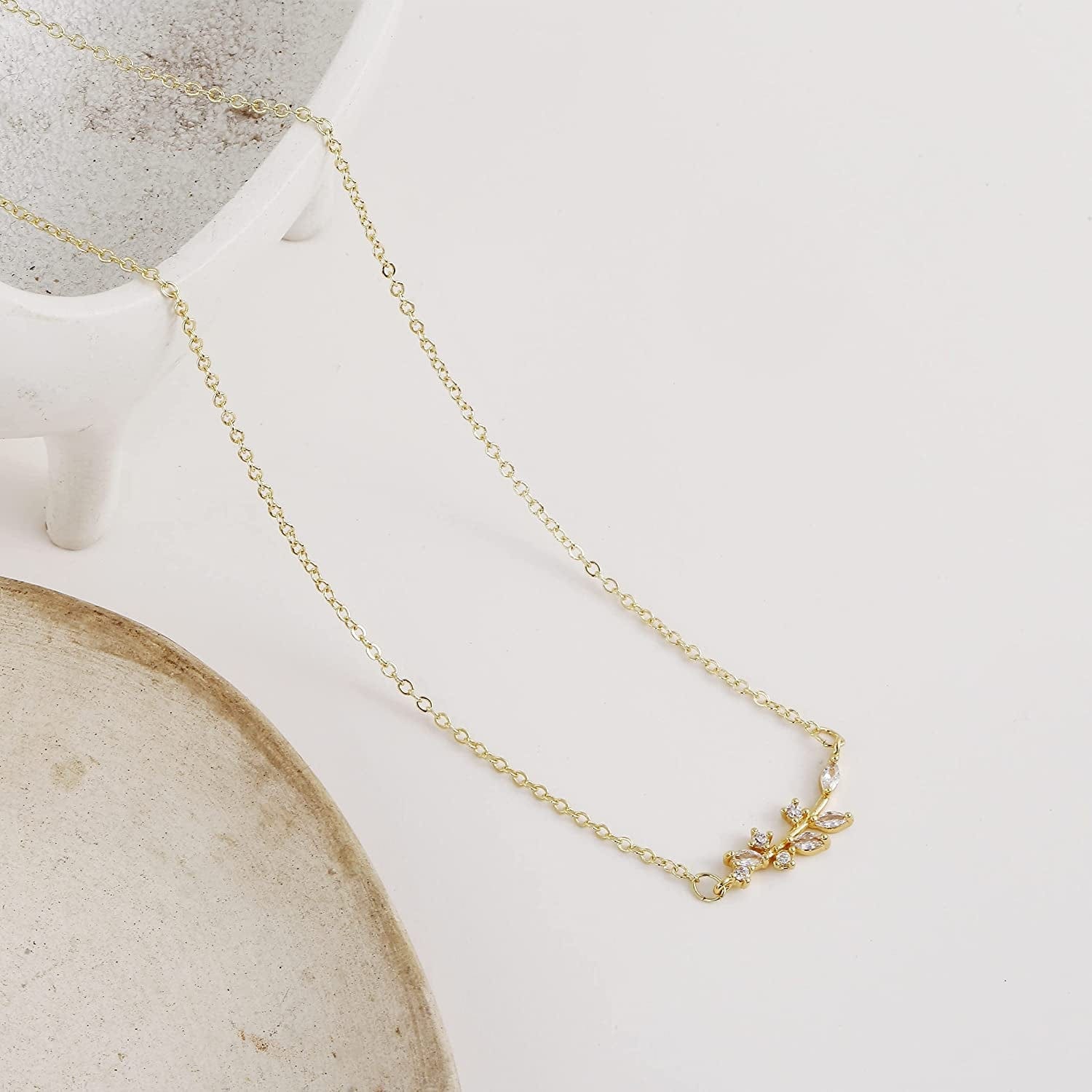 LEXODY Diamond Necklaces for Women Dainty Leaf Necklace 14K Gold Plated Layered CZ Moon Necklace Simple Diamond Choker Necklaces for Women Trendy Jewelry Gifts for Girls