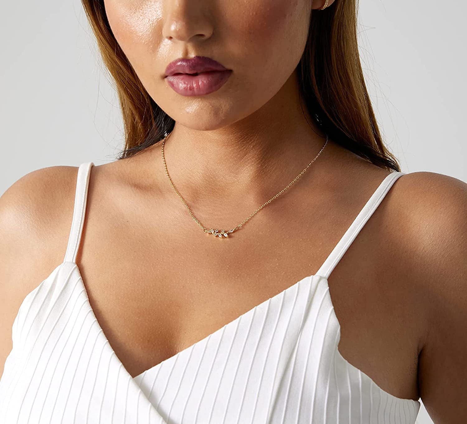 LEXODY Diamond Necklaces for Women Dainty Leaf Necklace 14K Gold Plated Layered CZ Moon Necklace Simple Diamond Choker Necklaces for Women Trendy Jewelry Gifts for Girls