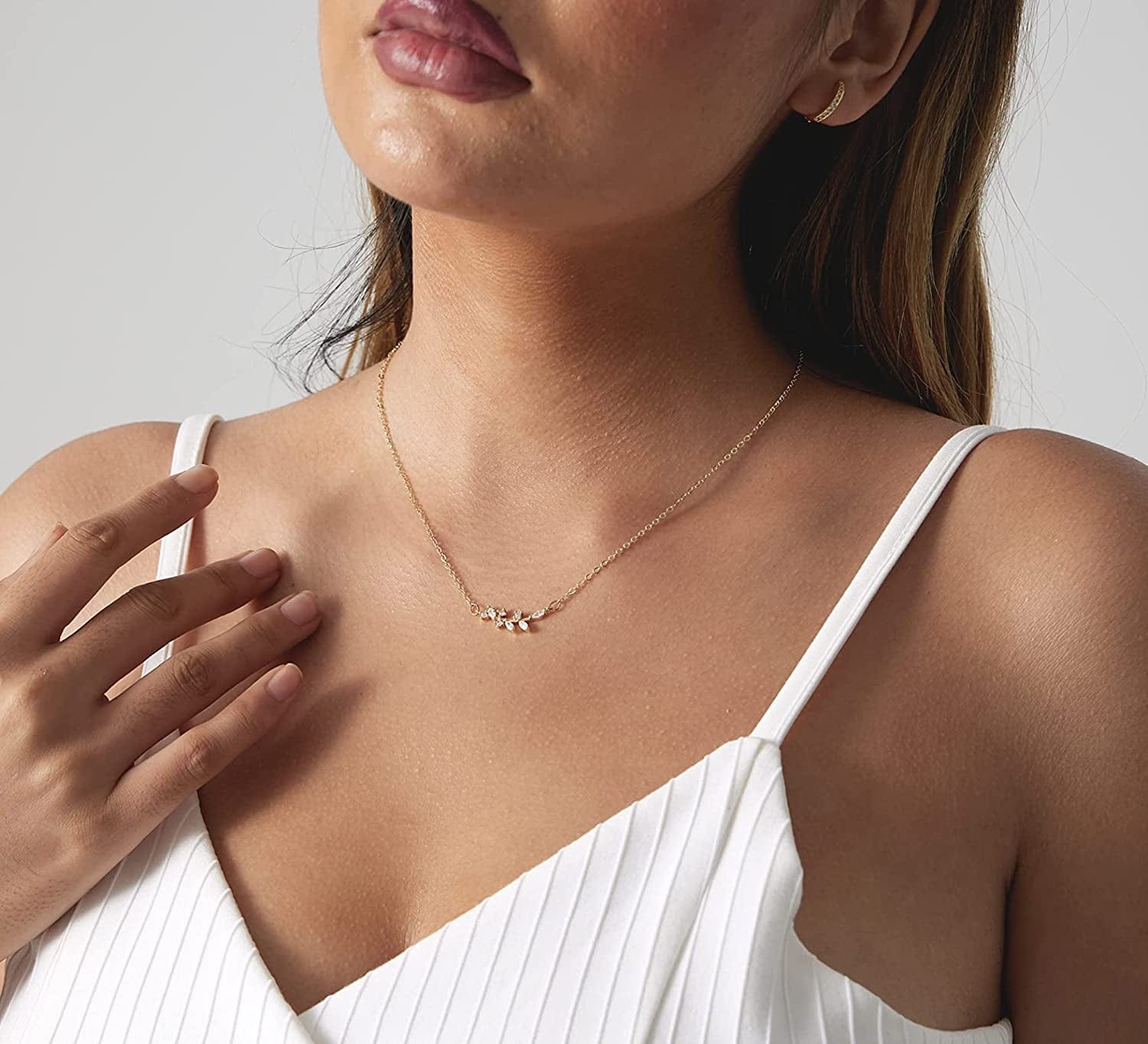 LEXODY Diamond Necklaces for Women Dainty Leaf Necklace 14K Gold Plated Layered CZ Moon Necklace Simple Diamond Choker Necklaces for Women Trendy Jewelry Gifts for Girls