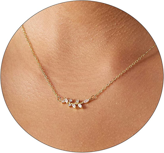 LEXODY Diamond Necklaces for Women Dainty Leaf Necklace 14K Gold Plated Layered CZ Moon Necklace Simple Diamond Choker Necklaces for Women Trendy Jewelry Gifts for Girls Gold Leaf Pendant