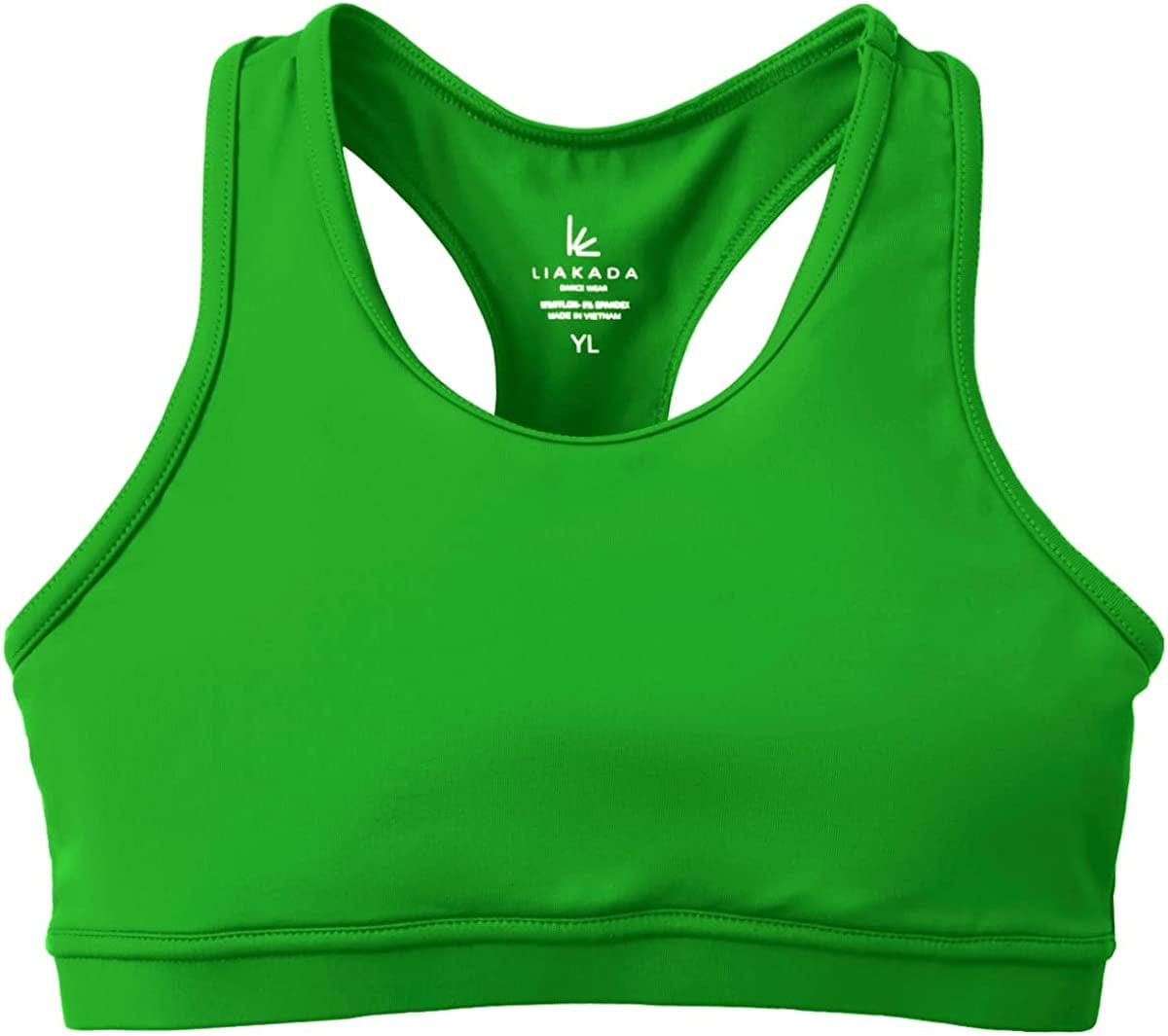 Liakada Girls Stylish & Supportive Basic Sports Bra with Integrated Bra Shelf Liner Dance, Gym, Yoga, Cheer! Kelly Green / Medium
