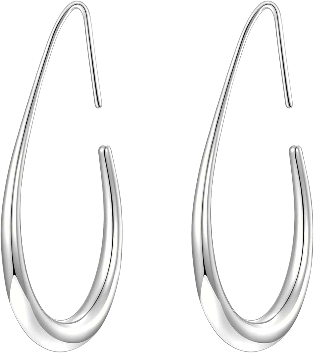 Lightweight Teardrop Hoop Earrings for Women - 14K Gold/White Gold Plated Large Oval Pull through Hoop Earrings High Polished Statement Jewelry Gift for Women Teen Girls silver
