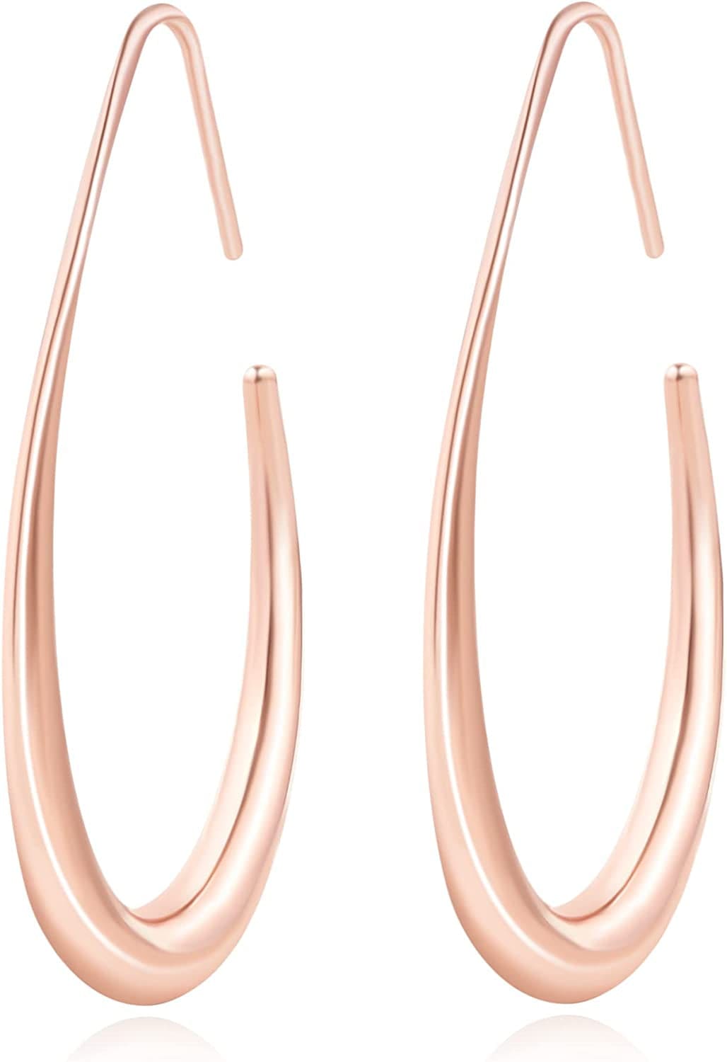 Lightweight Teardrop Hoop Earrings for Women - 14K Gold/White Gold Plated Large Oval Pull through Hoop Earrings High Polished Statement Jewelry Gift for Women Teen Girls rose gold