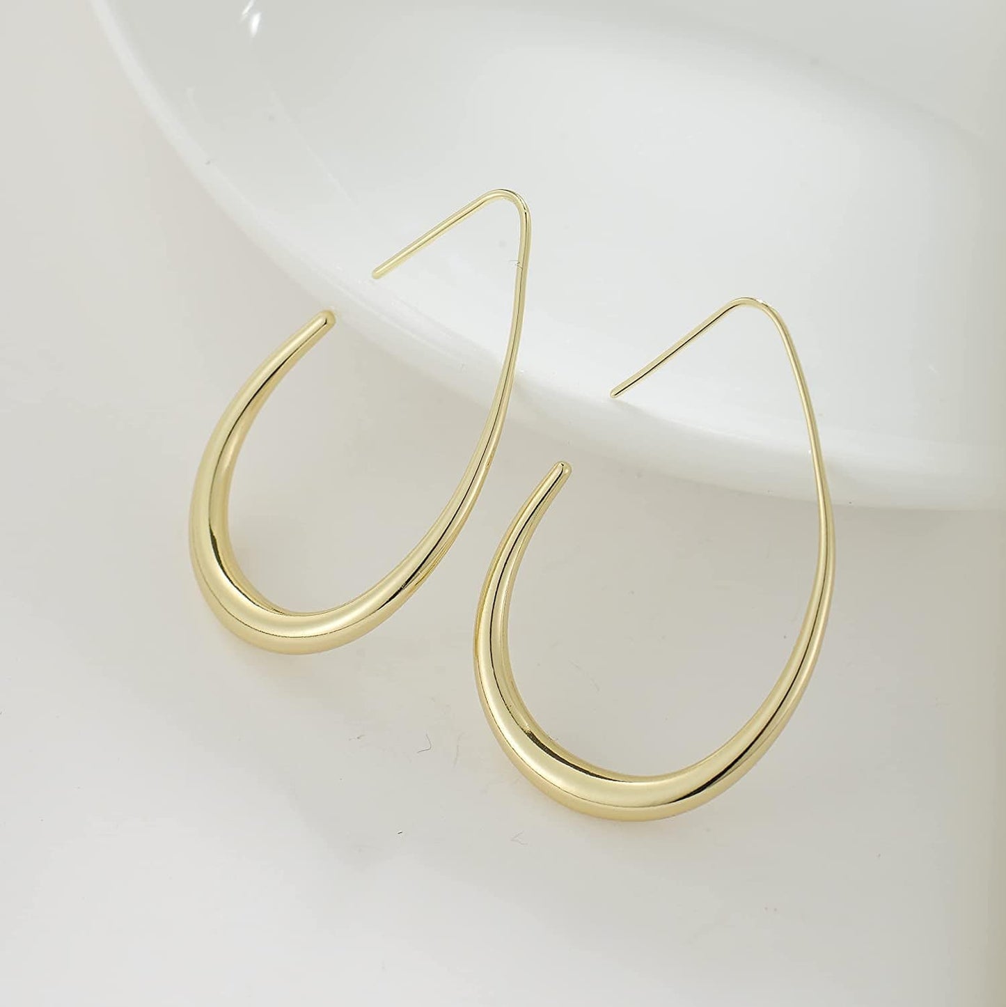 Lightweight Teardrop Hoop Earrings for Women - 14K Gold/White Gold Plated Large Oval Pull through Hoop Earrings High Polished Statement Jewelry Gift for Women Teen Girls