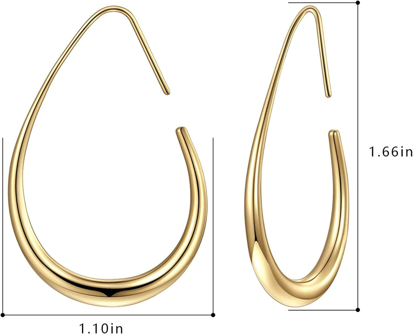 Lightweight Teardrop Hoop Earrings for Women - 14K Gold/White Gold Plated Large Oval Pull through Hoop Earrings High Polished Statement Jewelry Gift for Women Teen Girls