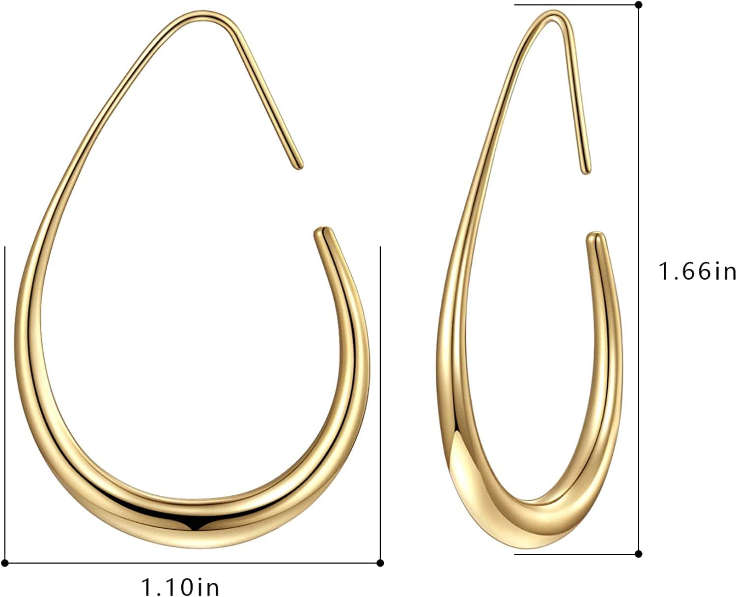Lightweight Teardrop Hoop Earrings for Women - 14K Gold/White Gold Plated Large Oval Pull through Hoop Earrings High Polished Statement Jewelry Gift for Women Teen Girls