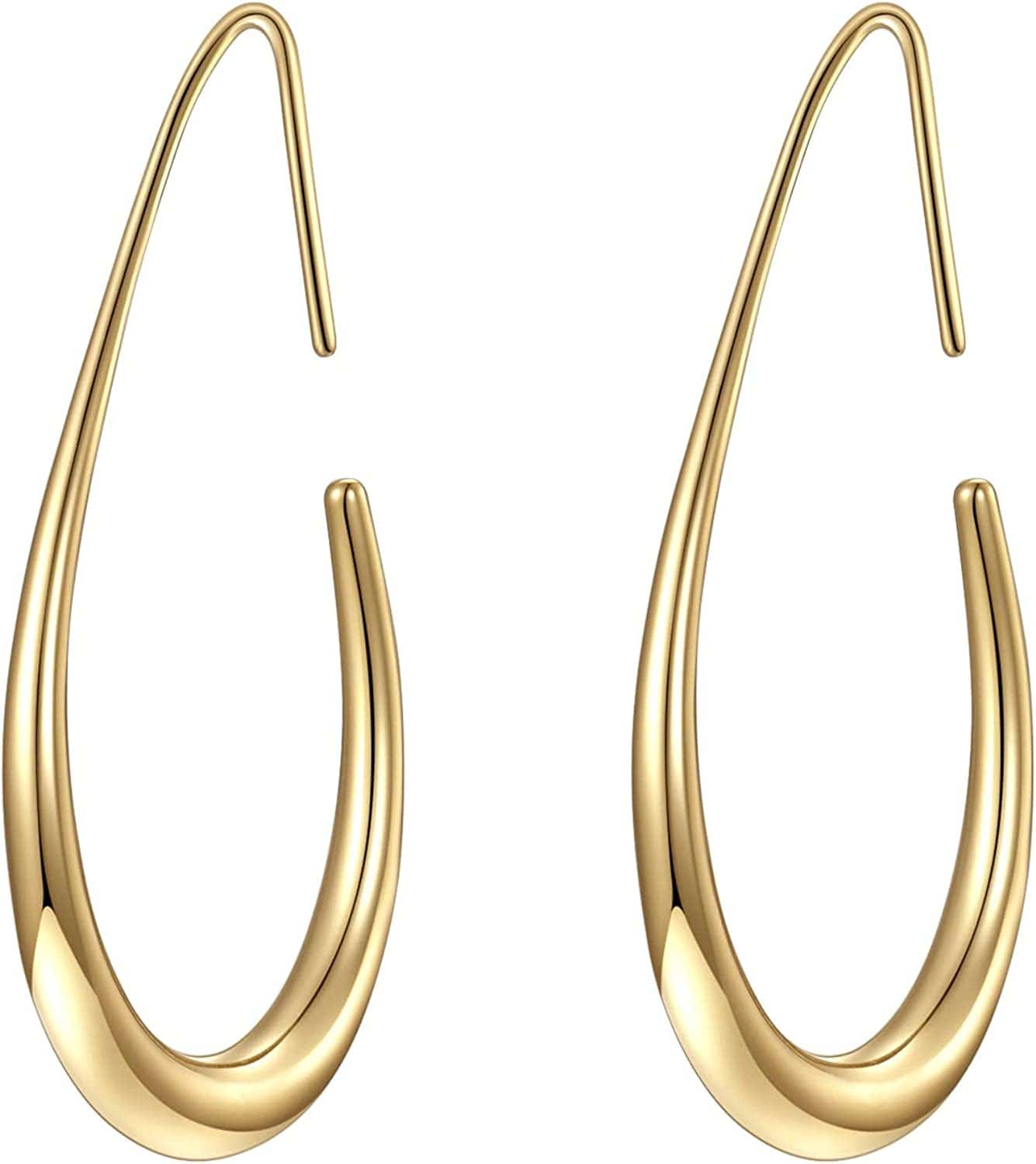 Lightweight Teardrop Hoop Earrings for Women - 14K Gold/White Gold Plated Large Oval Pull through Hoop Earrings High Polished Statement Jewelry Gift for Women Teen Girls gold