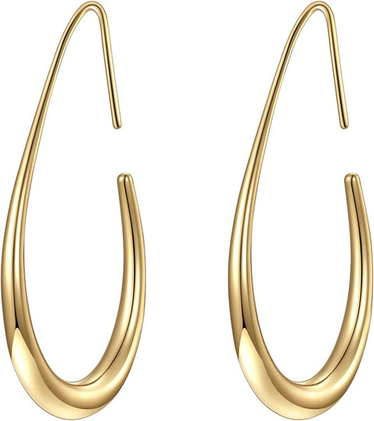 Lightweight Teardrop Hoop Earrings for Women - 14K Gold/White Gold Plated Large Oval Pull through Hoop Earrings High Polished Statement Jewelry Gift for Women Teen Girls gold