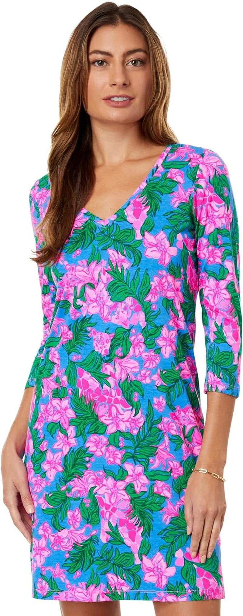 Lilly Pulitzer Tessa 3/4 Sleeve V-Neck Dress Cerise Pink Safari Sunset / Small