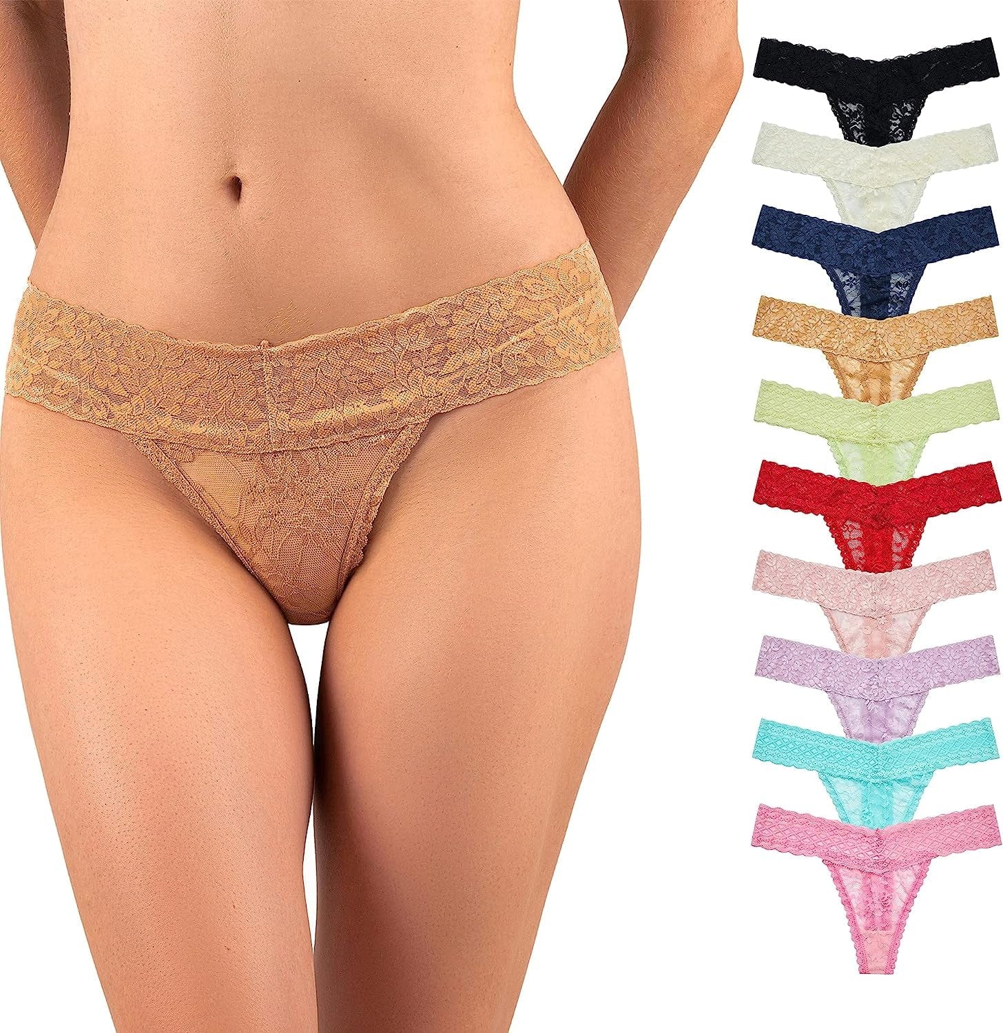 Liotxecd Womens Thongs,Lace Thong plus Size Panties Retro Cotton Low Rise Underwear Sexy Tangas (Colors May Vary) Colored -10 Pack / Medium