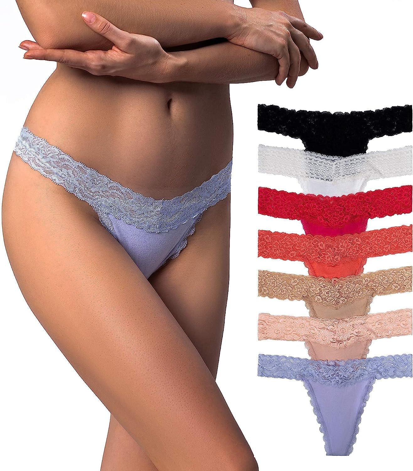 Liotxecd Womens Thongs,Lace Thong plus Size Panties Retro Cotton Low Rise Underwear Sexy Tangas (Colors May Vary) Lace - 7 Pack / Small