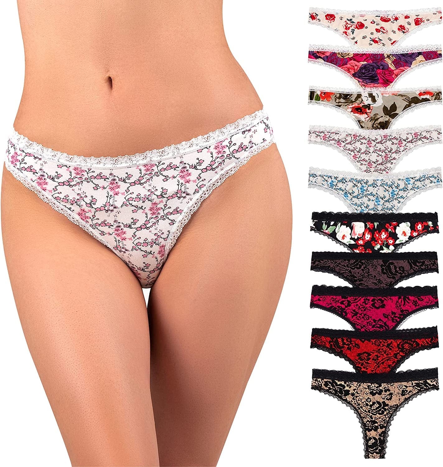 Liotxecd Womens Thongs,Lace Thong plus Size Panties Retro Cotton Low Rise Underwear Sexy Tangas (Colors May Vary) Floral-10 / Small