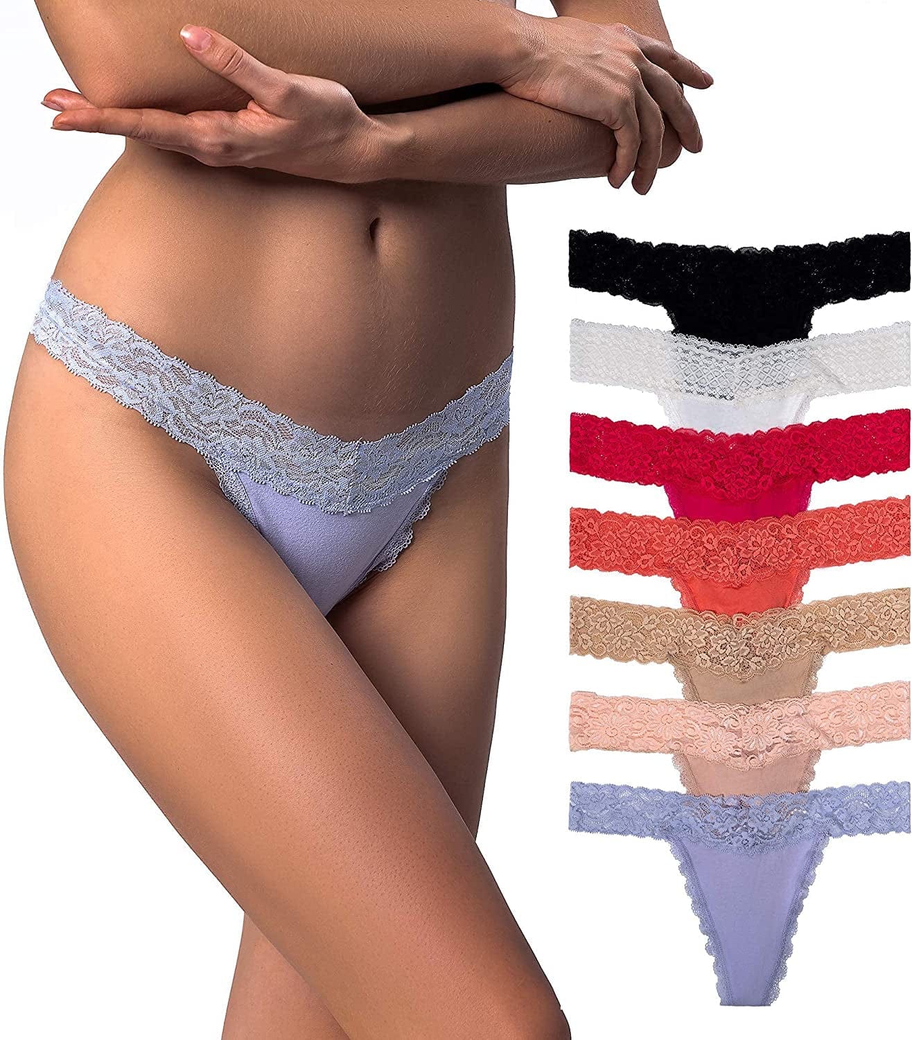 Liotxecd Womens Thongs,Lace Thong plus Size Panties Retro Cotton Low Rise Underwear Sexy Tangas (Colors May Vary) Lace - 7 Pack / XX-Large
