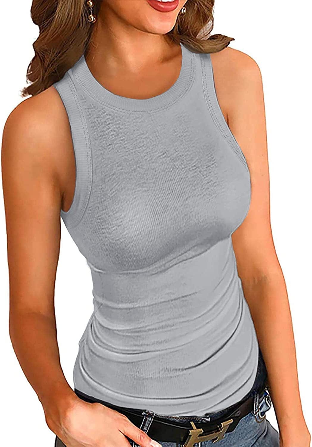 LOLONG Womens Stretch Tank Top Summer Ribbed Sleeveless Shirts Grey / XX-Large