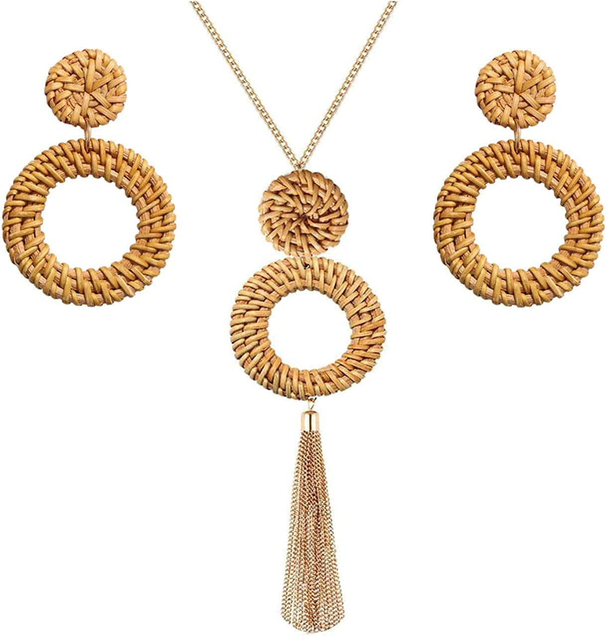 Long Necklace and Rattan Earrings Set for Women Handmade Long Tassel Rattan Necklace Wicker Earring Lightweight Weave Statement Jewelry Brown 2