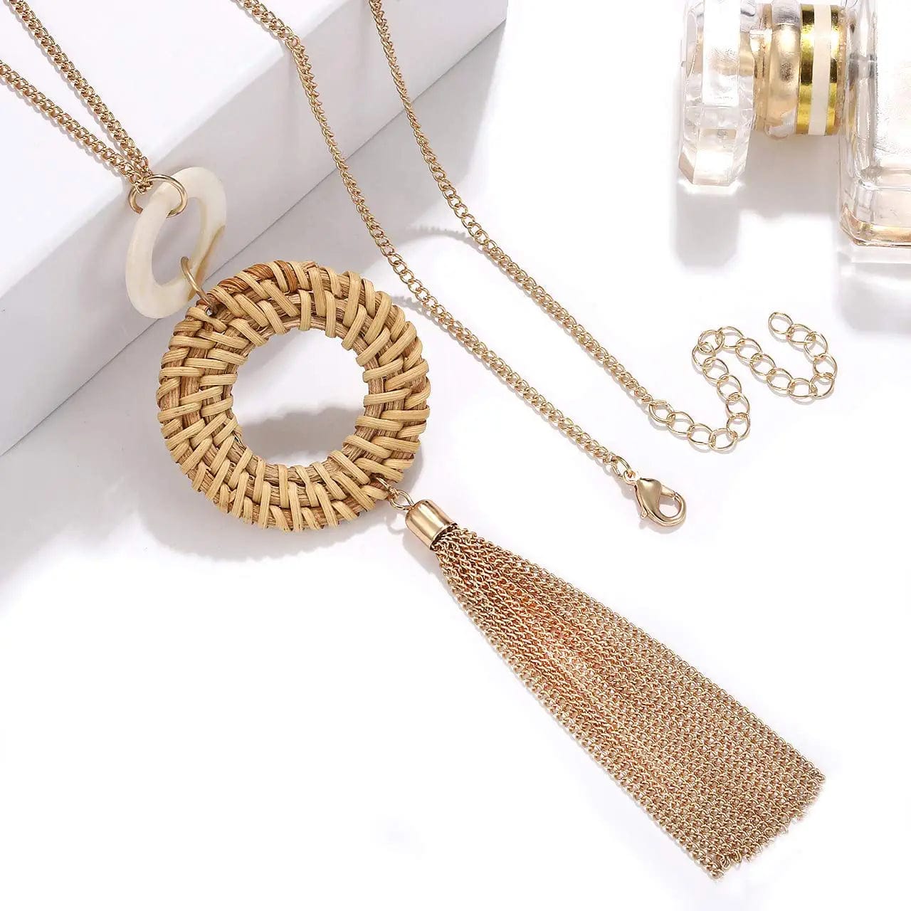 Long Necklace and Rattan Earrings Set for Women Handmade Long Tassel Rattan Necklace Wicker Earring Lightweight Weave Statement Jewelry
