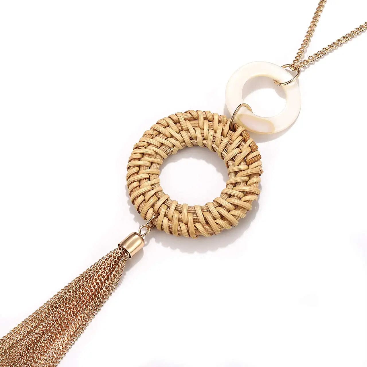 Long Necklace and Rattan Earrings Set for Women Handmade Long Tassel Rattan Necklace Wicker Earring Lightweight Weave Statement Jewelry