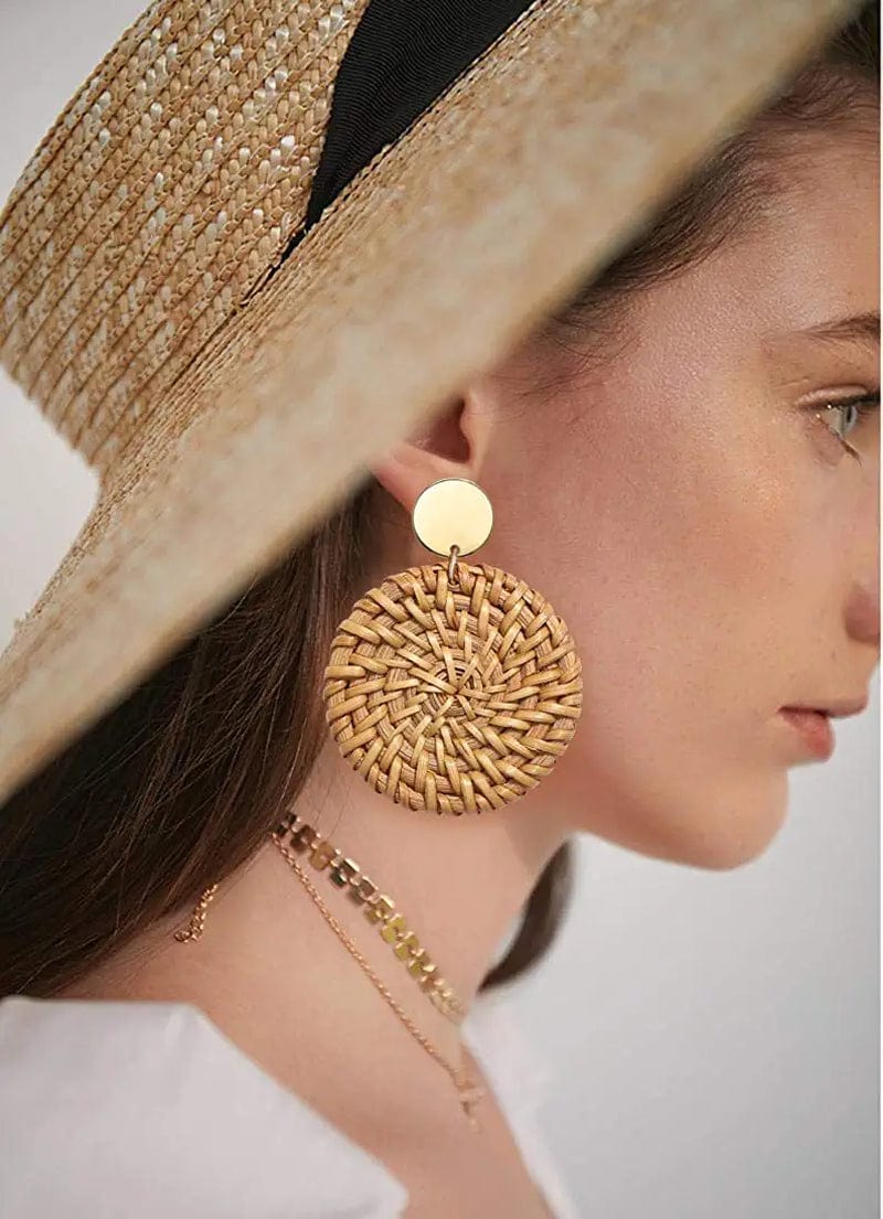 Long Necklace and Rattan Earrings Set for Women Handmade Long Tassel Rattan Necklace Wicker Earring Lightweight Weave Statement Jewelry