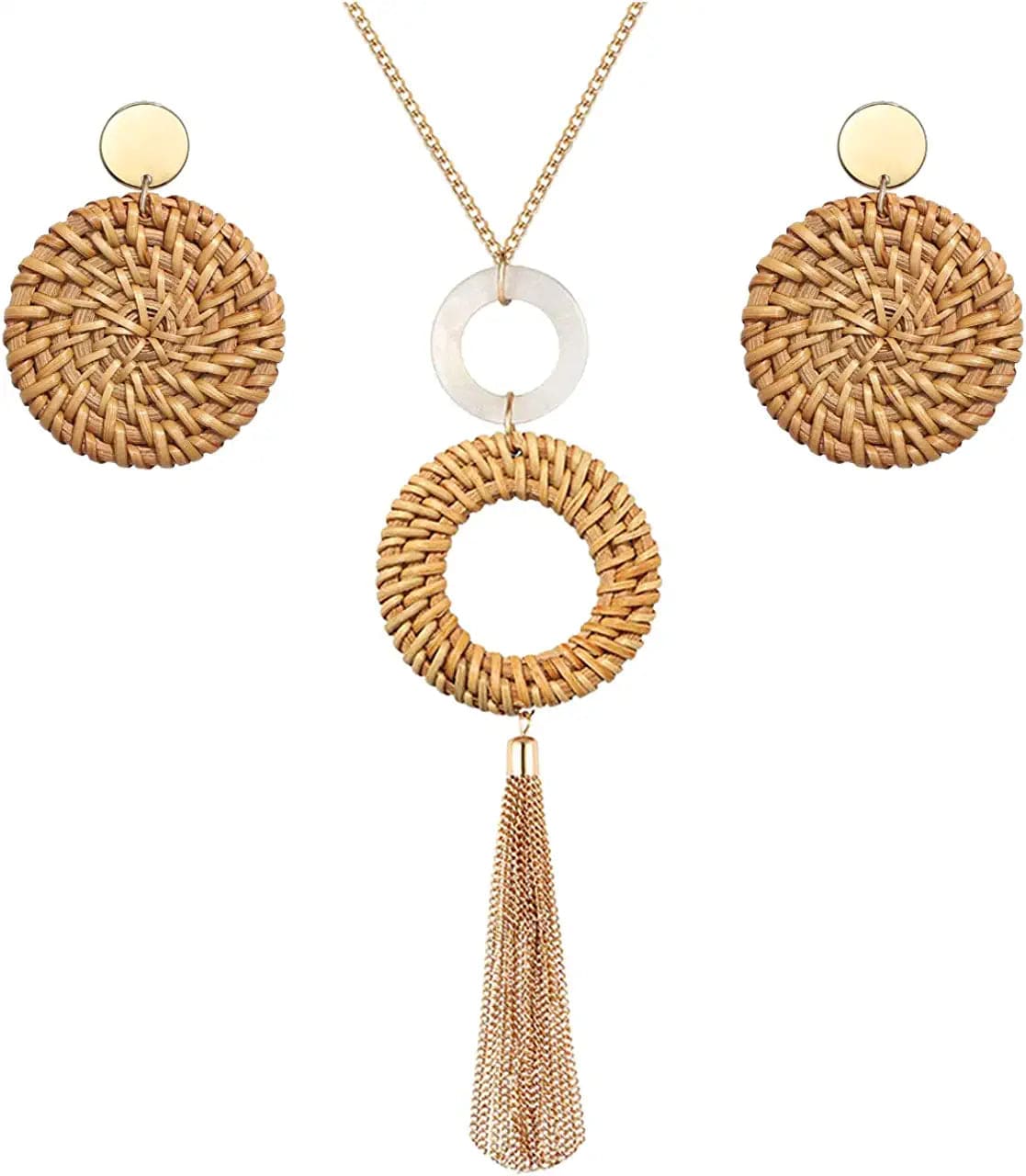 Long Necklace and Rattan Earrings Set for Women Handmade Long Tassel Rattan Necklace Wicker Earring Lightweight Weave Statement Jewelry Brown