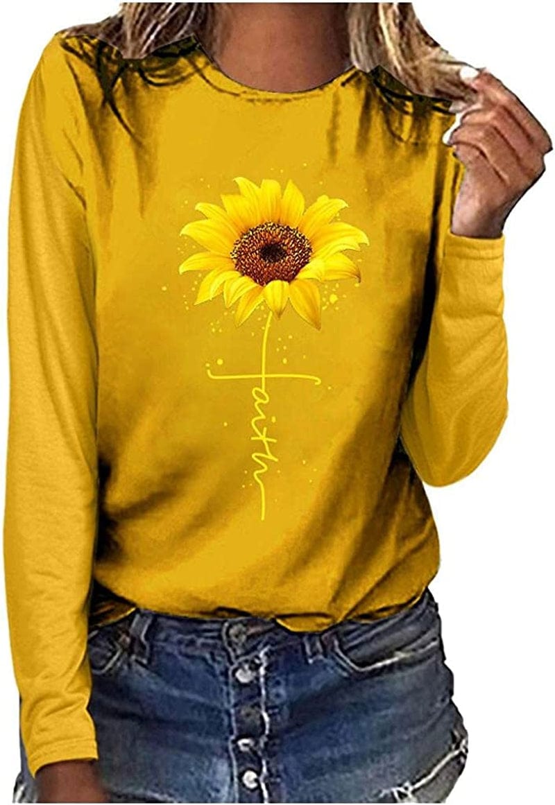 Long Sleeve Casual Shirts for Women Fall Graphic with Saying My Blood Type Is Dr Pepper Casual Crewneck Tshirts Tops Yellow / XX-Large