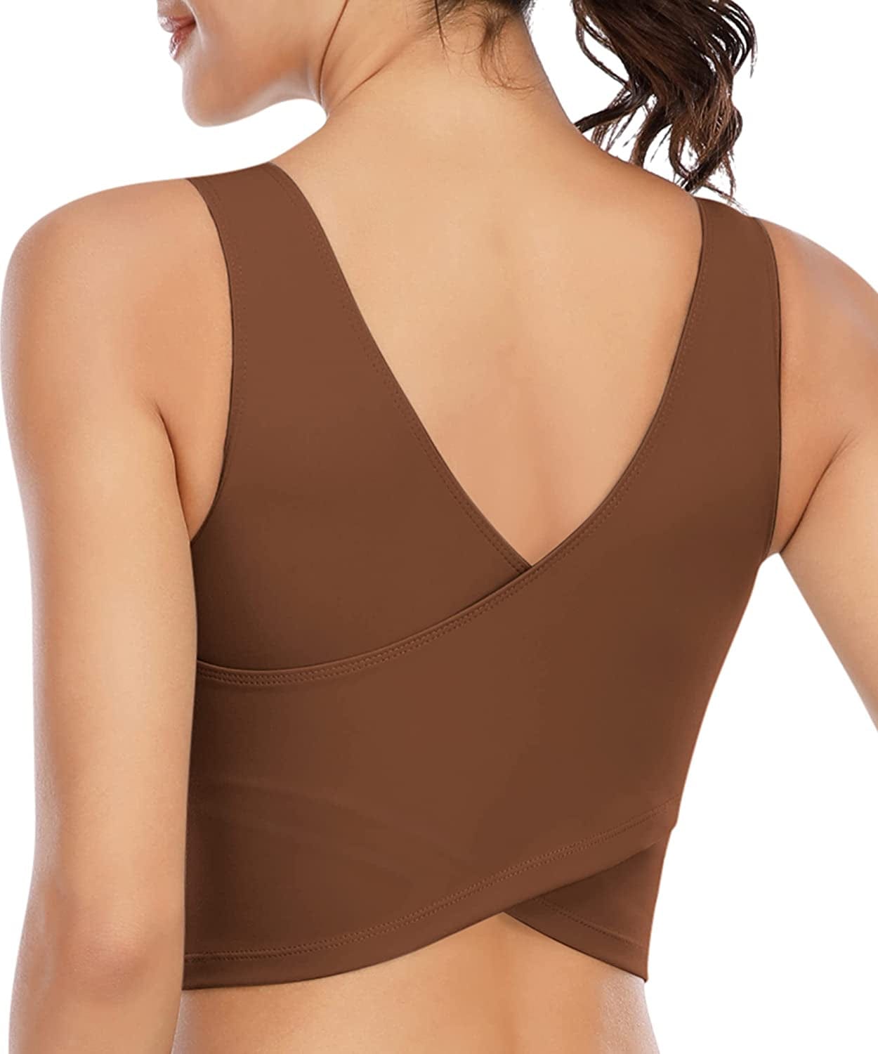 Longline Sports Bras for Women Wirefree Padded Sports Yoga Bra Gym Running Workout Tank Tops Brown_02 / Medium