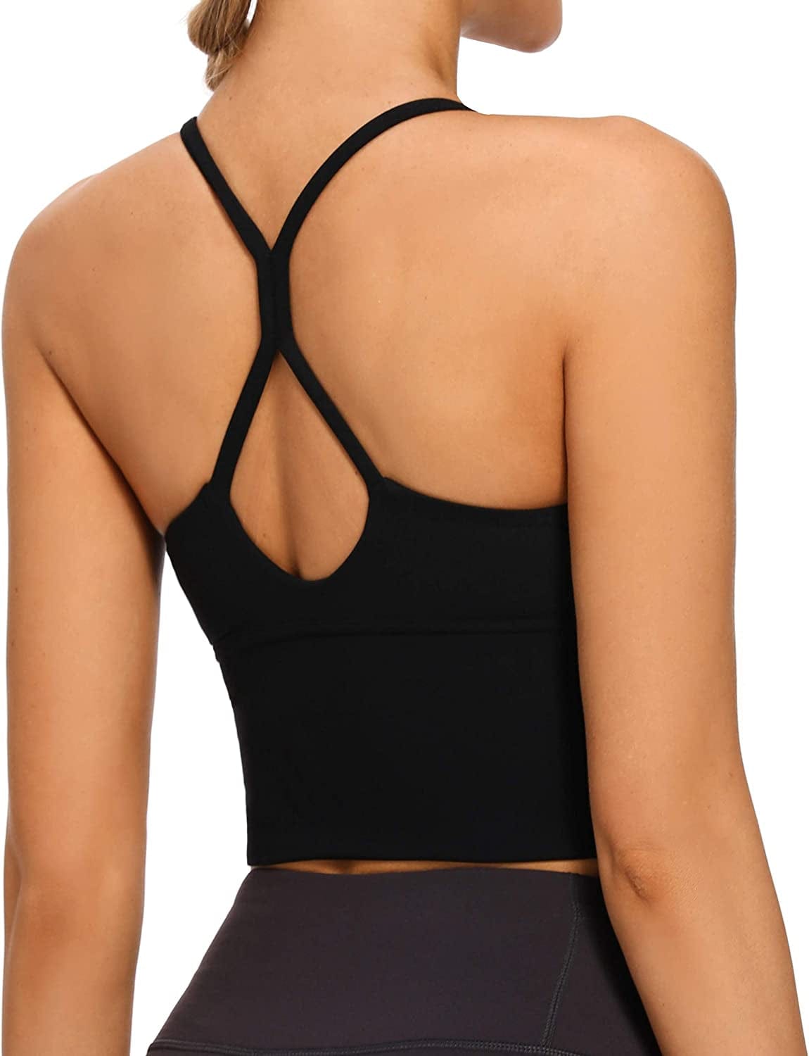 Longline Strappy Padded Sports Bras Workout Running Tank Crop Tops Yoga Gym Fitness Activewear for Women Black / Small