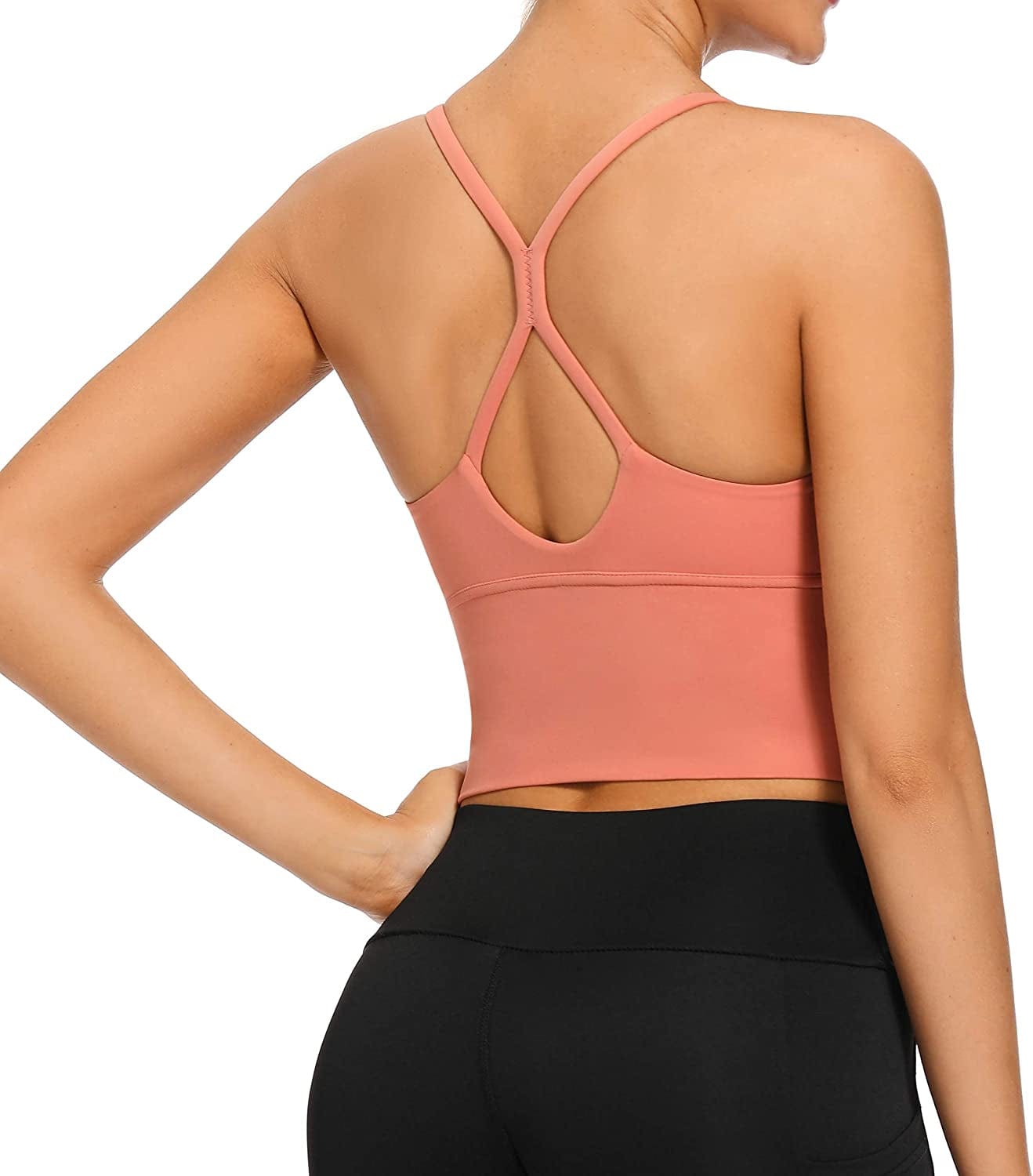 Longline Strappy Padded Sports Bras Workout Running Tank Crop Tops Yoga Gym Fitness Activewear for Women Coral / X-Large