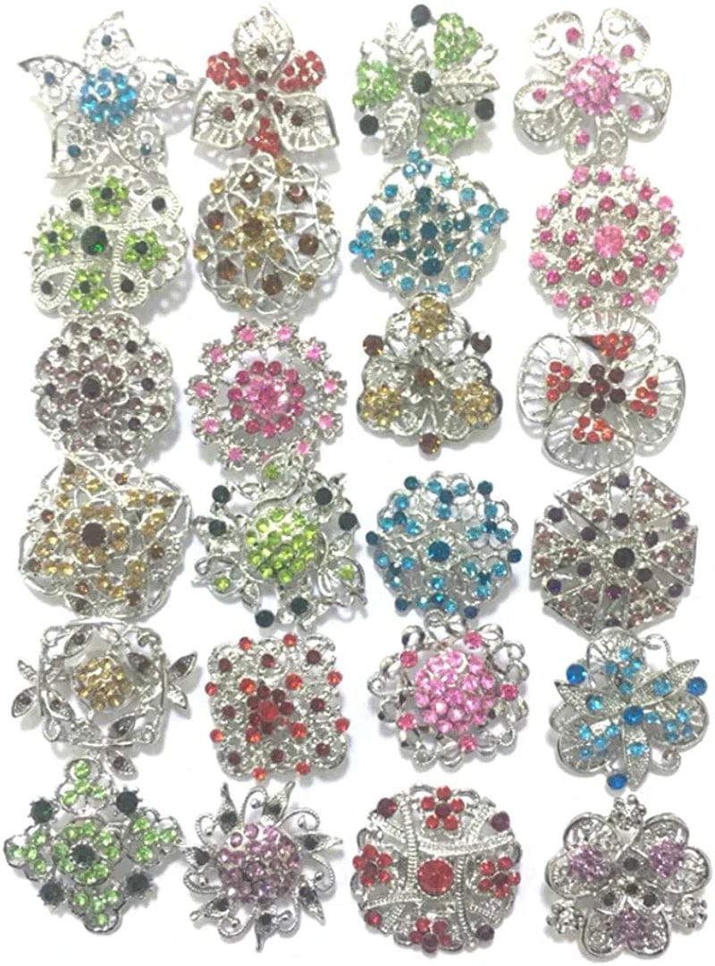 Lot 24Pc Shining Rhinestone Crystal Brooches Pins DIY Wedding Bouquet Kit D