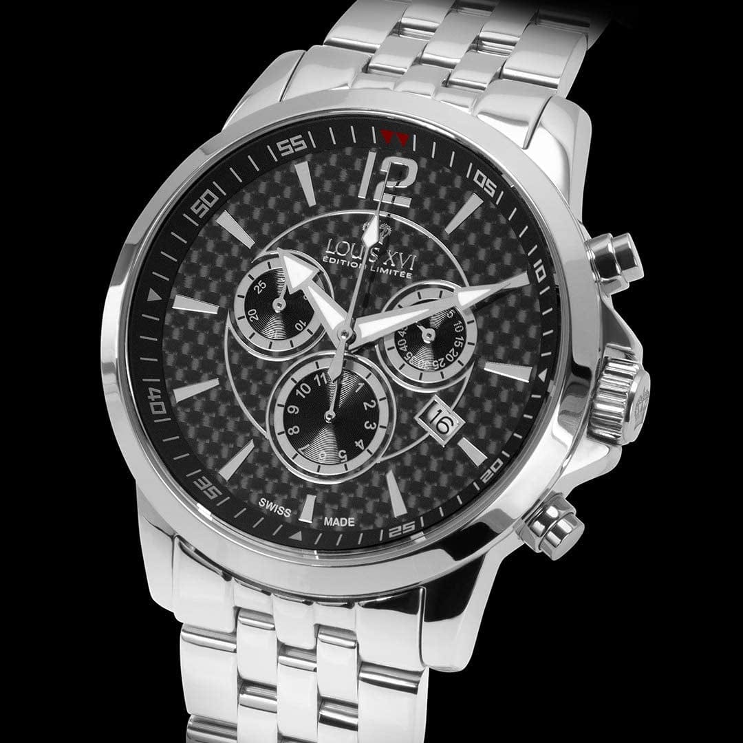 Louis XVI Men'S Watch Athos Silver Carbon Fiber Swiss Made Chronograph Analog Quartz Stainless Steel 801