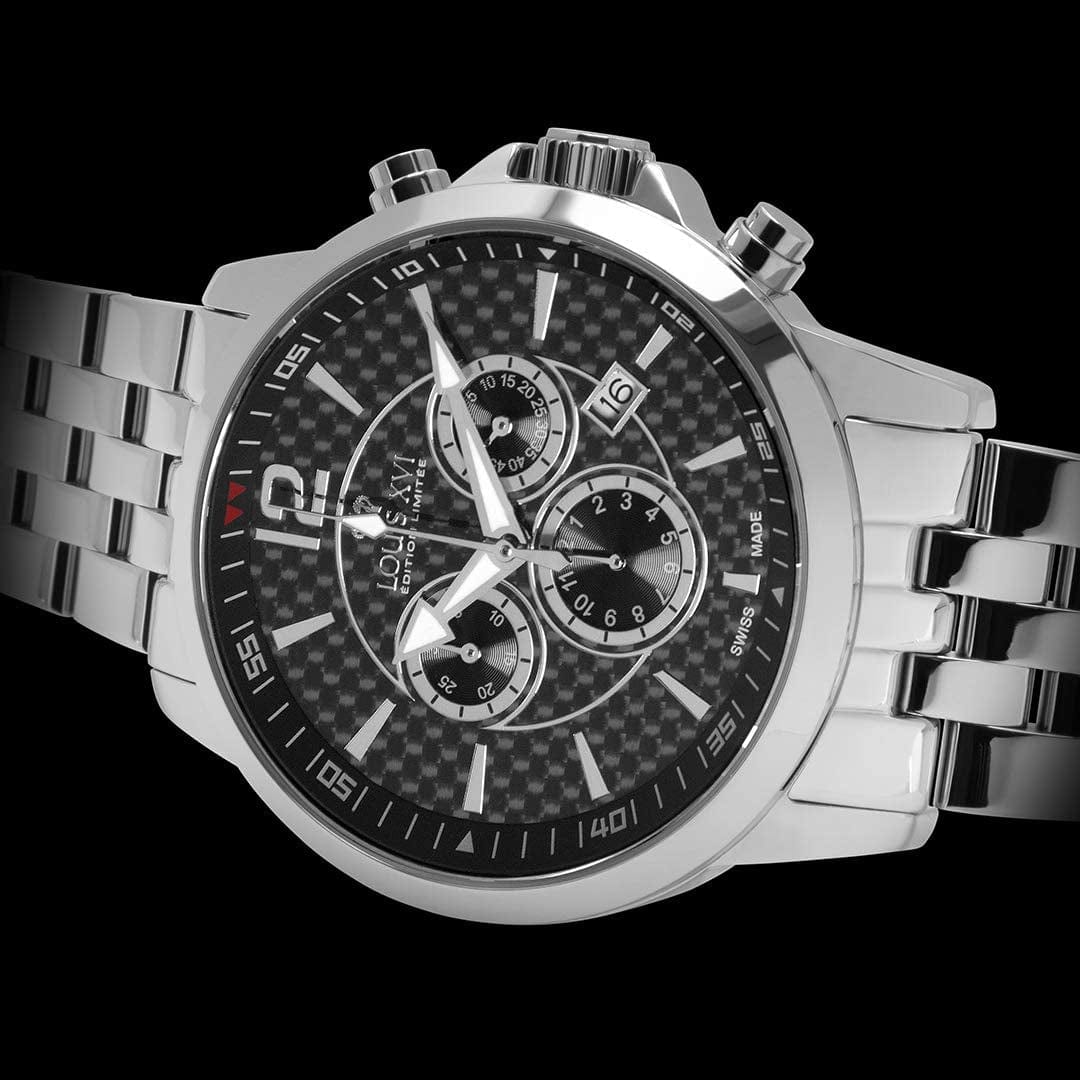 Louis XVI Men'S Watch Athos Silver Carbon Fiber Swiss Made Chronograph Analog Quartz Stainless Steel 801