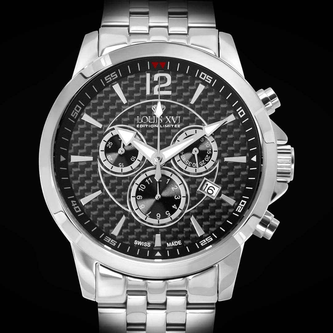Louis XVI Men'S Watch Athos Silver Carbon Fiber Swiss Made Chronograph Analog Quartz Stainless Steel 801
