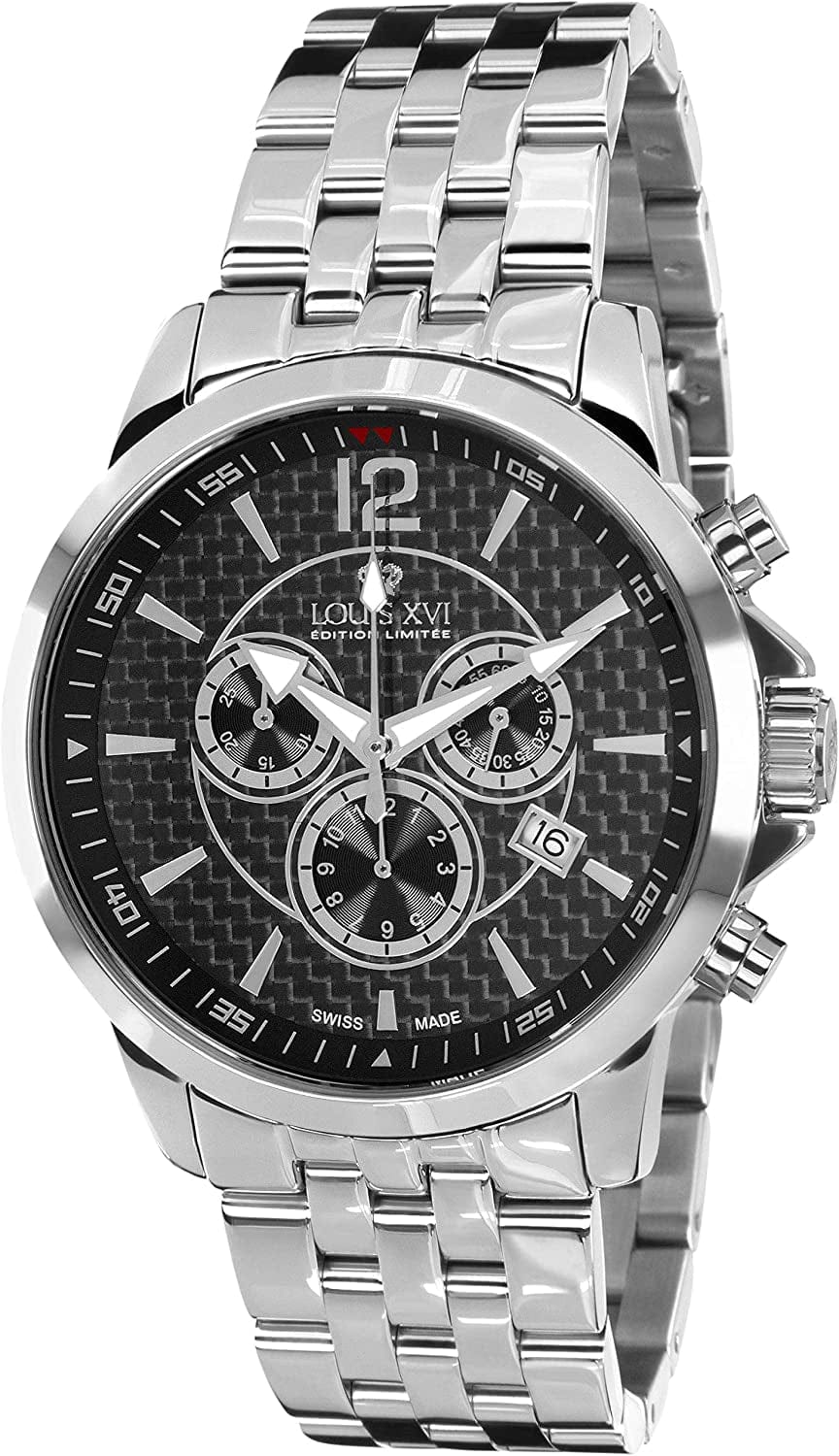 Louis XVI Men'S Watch Athos Silver Carbon Fiber Swiss Made Chronograph Analog Quartz Stainless Steel 801