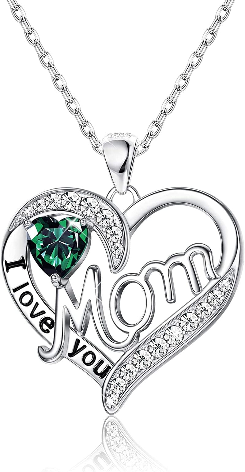 Love Heart Mom Necklace 925 Sterling Silver Birthstone Pendant Necklaces Birthday Mother'S Day Jewelry Gift for Women May–Emerald