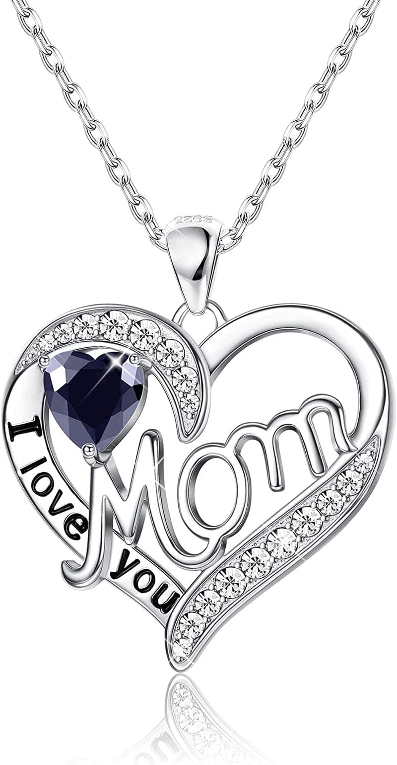 Love Heart Mom Necklace 925 Sterling Silver Birthstone Pendant Necklaces Birthday Mother'S Day Jewelry Gift for Women Sept–Sapphire