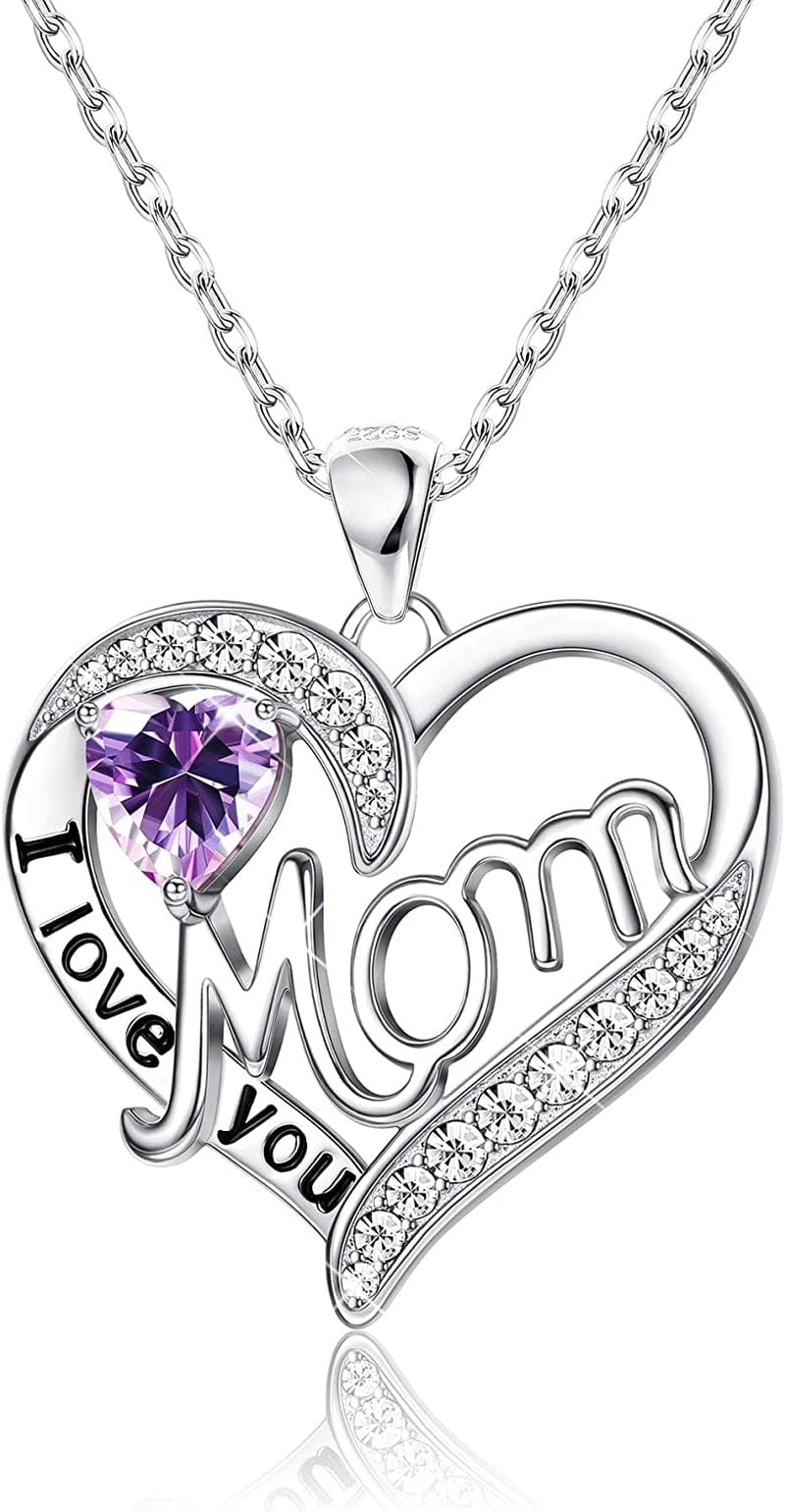 Love Heart Mom Necklace 925 Sterling Silver Birthstone Pendant Necklaces Birthday Mother'S Day Jewelry Gift for Women Feb–Amethyst