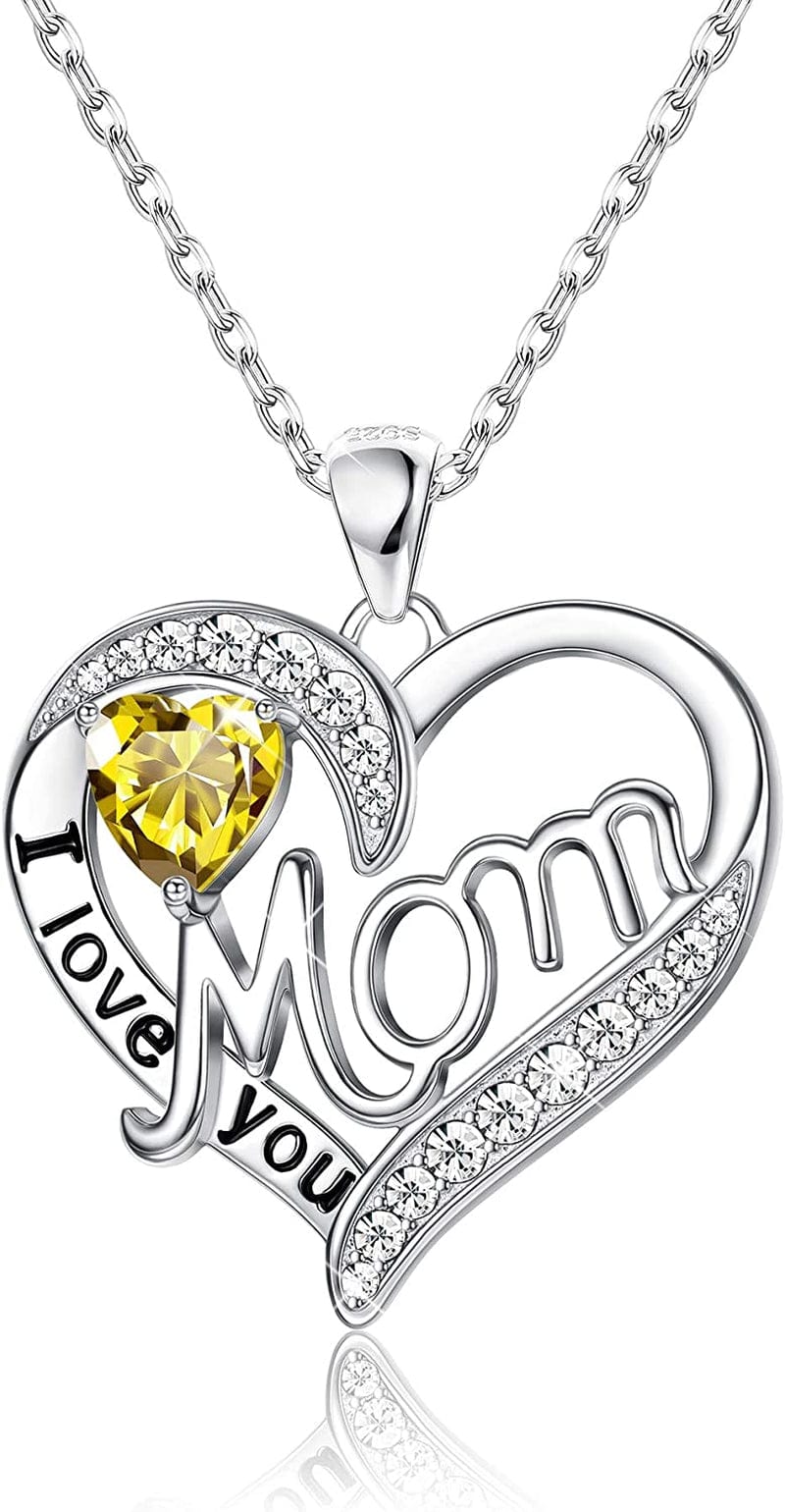 Love Heart Mom Necklace 925 Sterling Silver Birthstone Pendant Necklaces Birthday Mother'S Day Jewelry Gift for Women Nov–Citrine