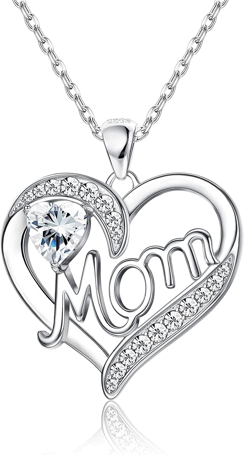 Love Heart Mom Necklace 925 Sterling Silver Birthstone Pendant Necklaces Birthday Mother'S Day Jewelry Gift for Women April–Upgrade