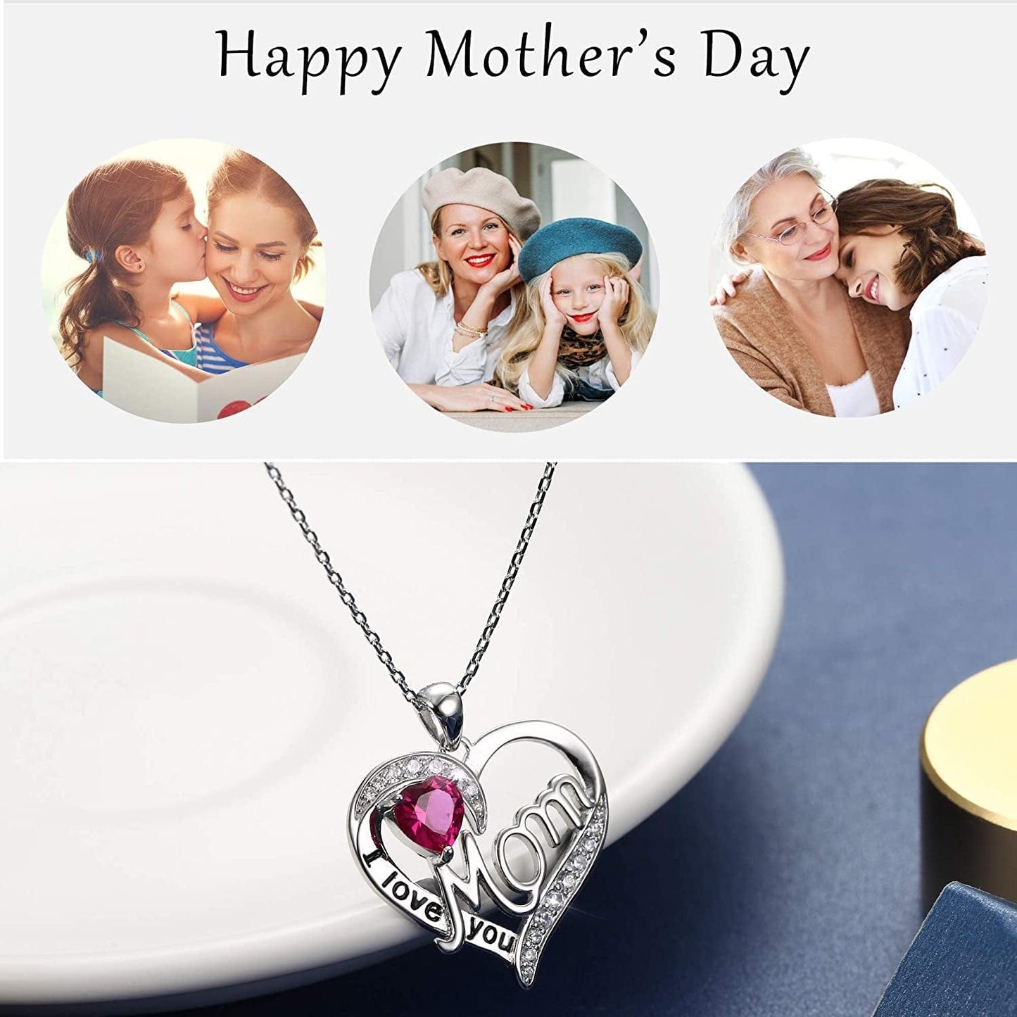 Love Heart Mom Necklace 925 Sterling Silver Birthstone Pendant Necklaces Birthday Mother'S Day Jewelry Gift for Women