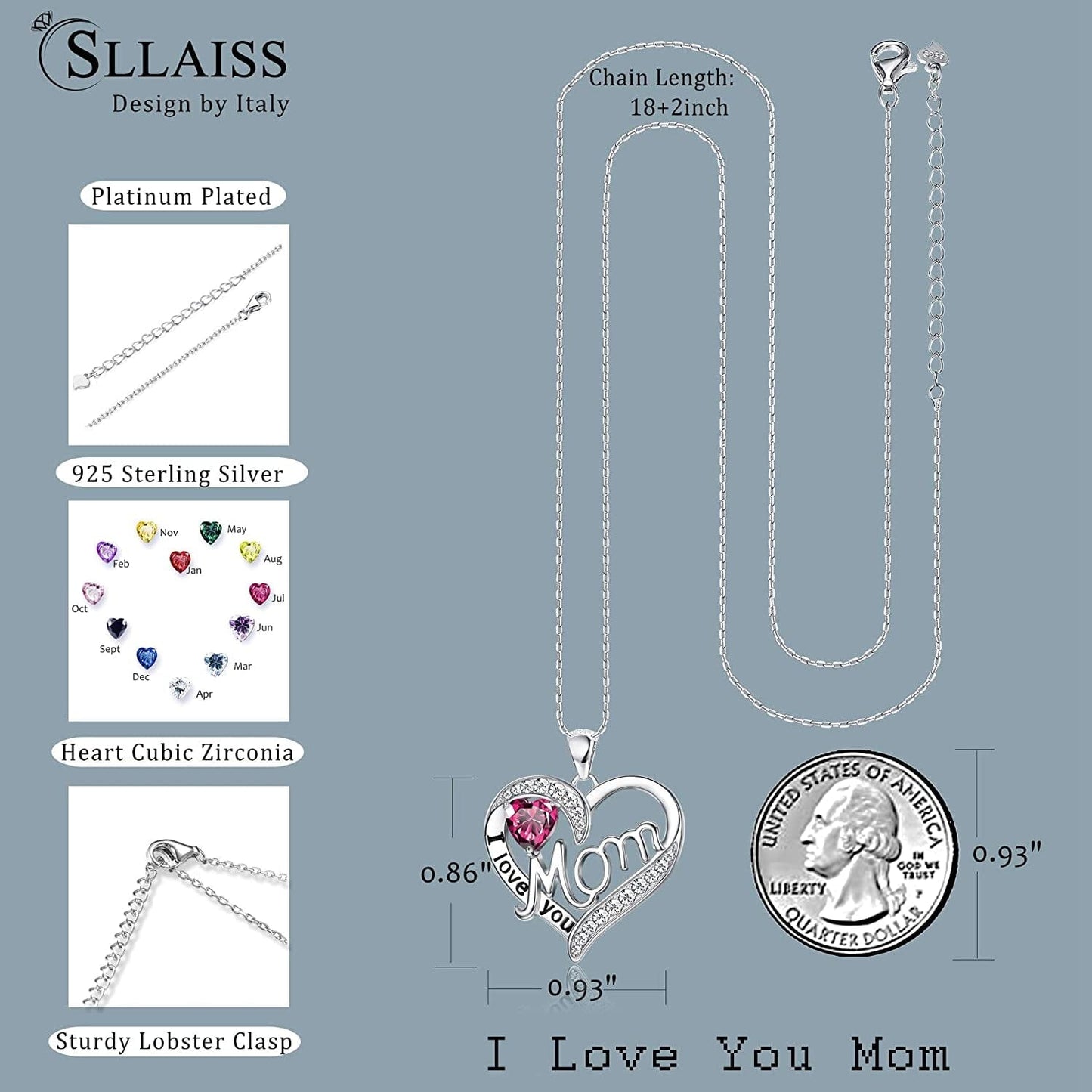 Love Heart Mom Necklace 925 Sterling Silver Birthstone Pendant Necklaces Birthday Mother'S Day Jewelry Gift for Women
