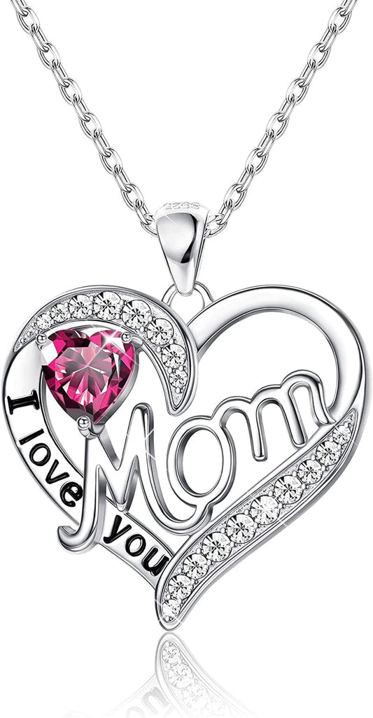 Love Heart Mom Necklace 925 Sterling Silver Birthstone Pendant Necklaces Birthday Mother'S Day Jewelry Gift for Women Jul–Ruby