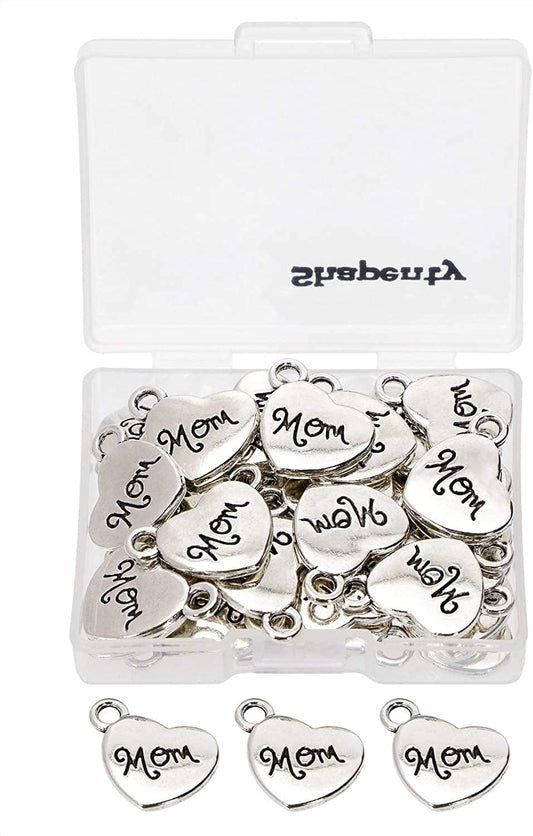 Love Heart Shaped Pendant Charms for DIY Craft Bracelet Necklace Earrings Keychains Jewelry Making Findings and Memory Ornament, 40PCS (Antique Silver, Mom)