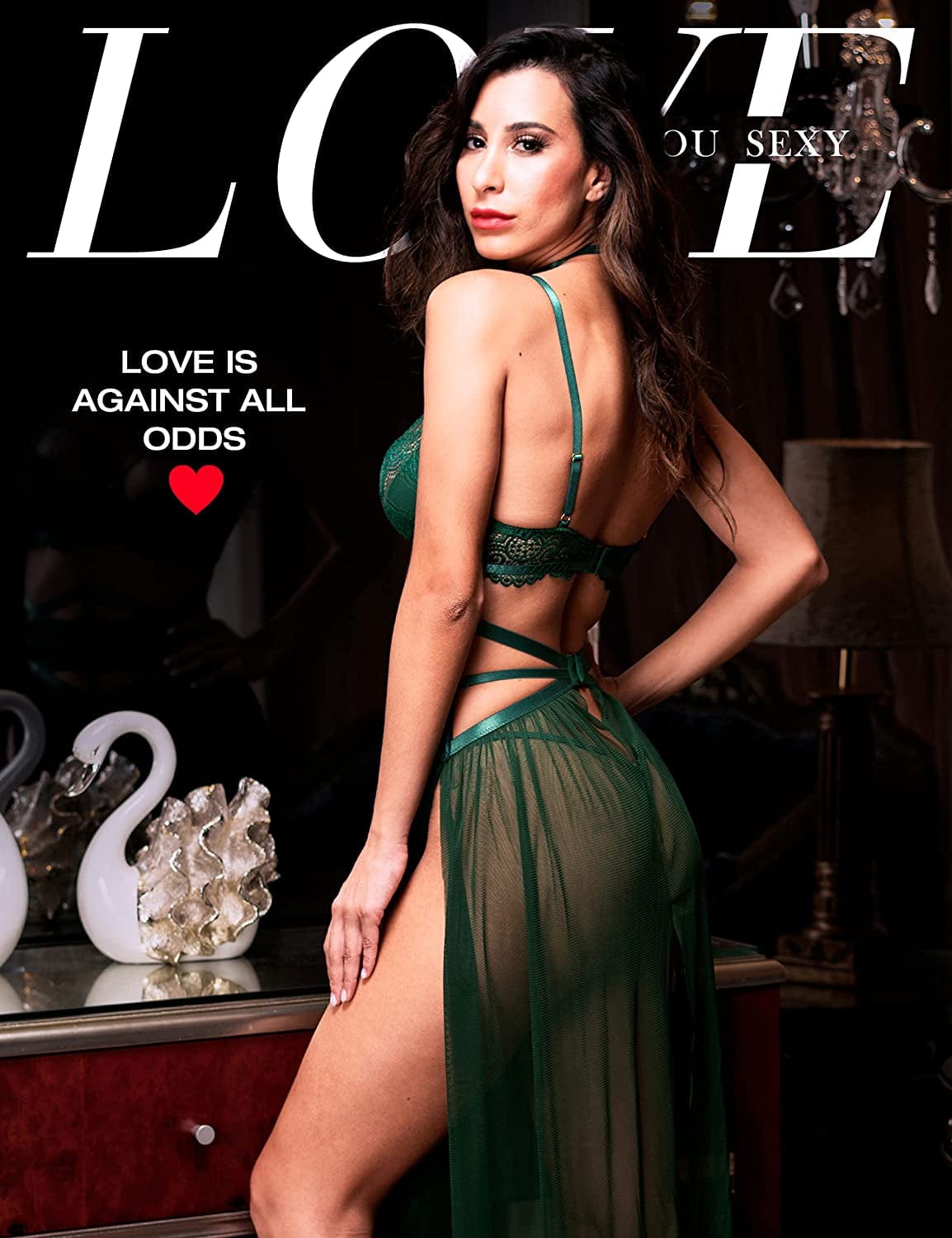 LOVE YOU SEXY Women Lace Lingerie Set,Bra and Girdle with Long Sheer Mesh Nightgown with G-String 4 Piece Lingerie Set
