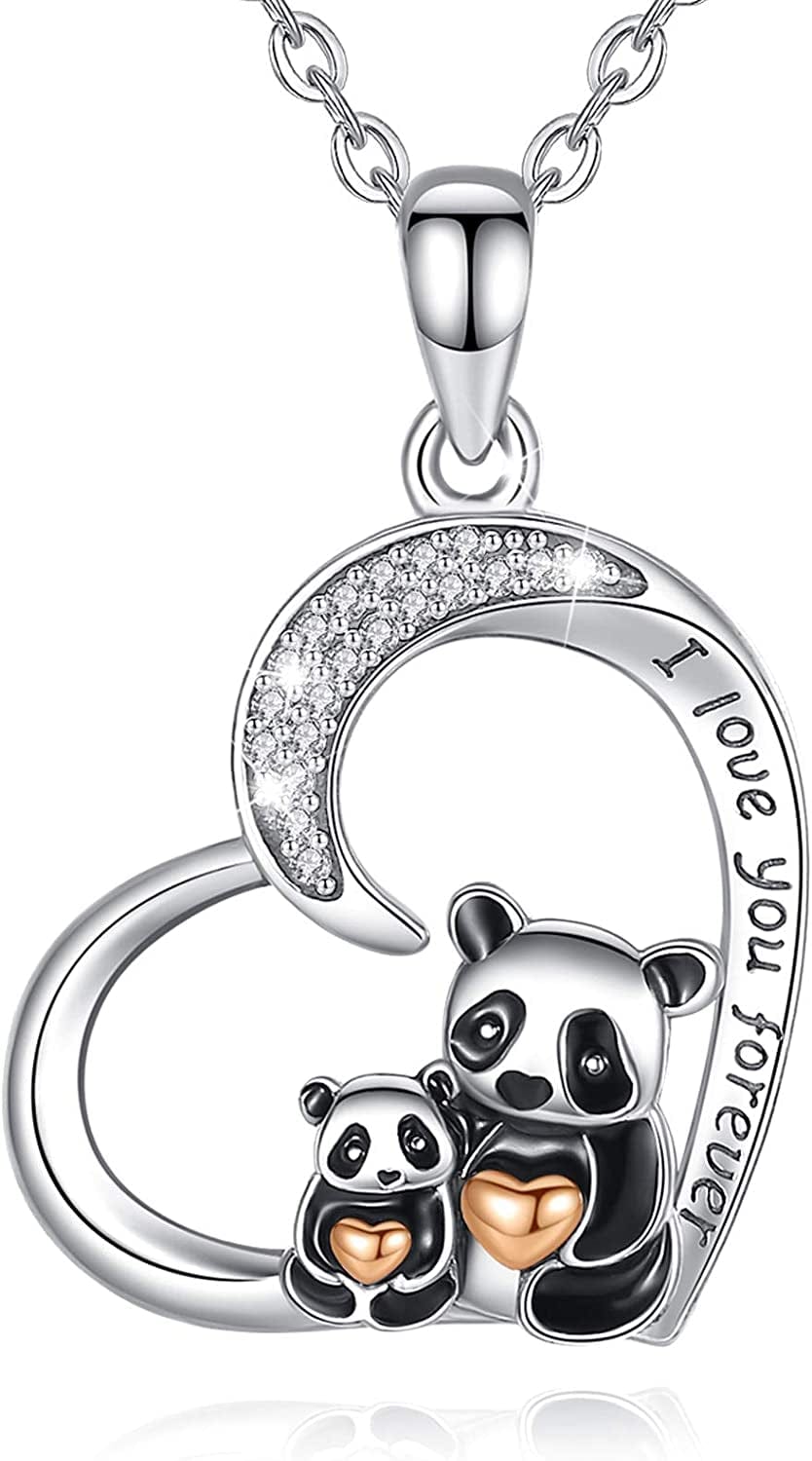 LOVEON Sterling Silver Necklace Gift for Mother, Tree of Life Mom Hold 1-5 Children, Animals Panda Fox Rhinoceros Giraffe Mom Baby Gift for Women on Mother'S Day 12. Panda Mom Baby (Heart-shape)