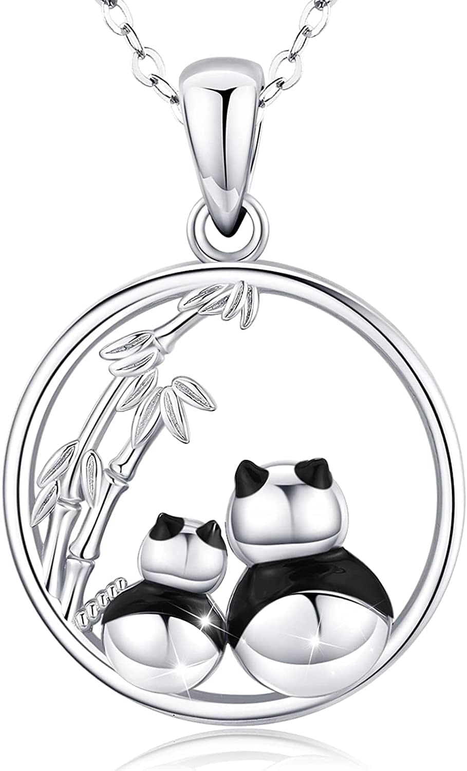 LOVEON Sterling Silver Necklace Gift for Mother, Tree of Life Mom Hold 1-5 Children, Animals Panda Fox Rhinoceros Giraffe Mom Baby Gift for Women on Mother'S Day 13. Panda Mom Baby (Round-shape)