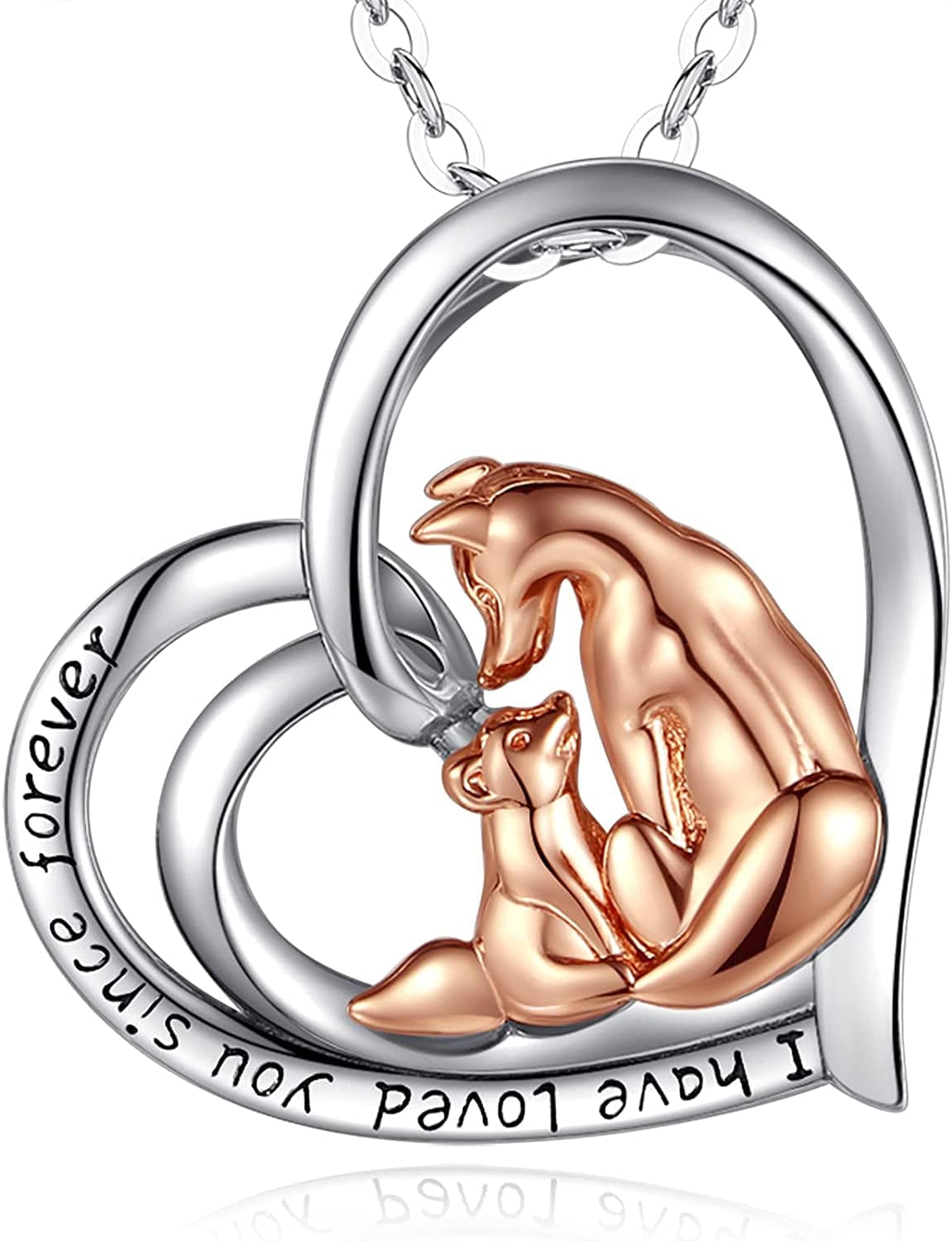 LOVEON Sterling Silver Necklace Gift for Mother, Tree of Life Mom Hold 1-5 Children, Animals Panda Fox Rhinoceros Giraffe Mom Baby Gift for Women on Mother'S Day 10. Fox Mom Baby (Heart-shape)