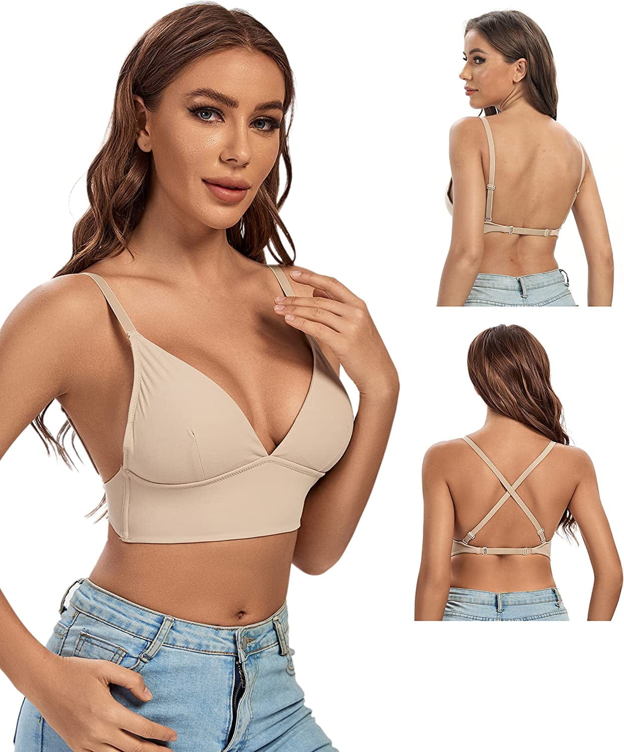 Low Back Bra for Women Wireless Padded Backless Bralette Deep V Convertible Adjustable Straps Bra Beige / Medium